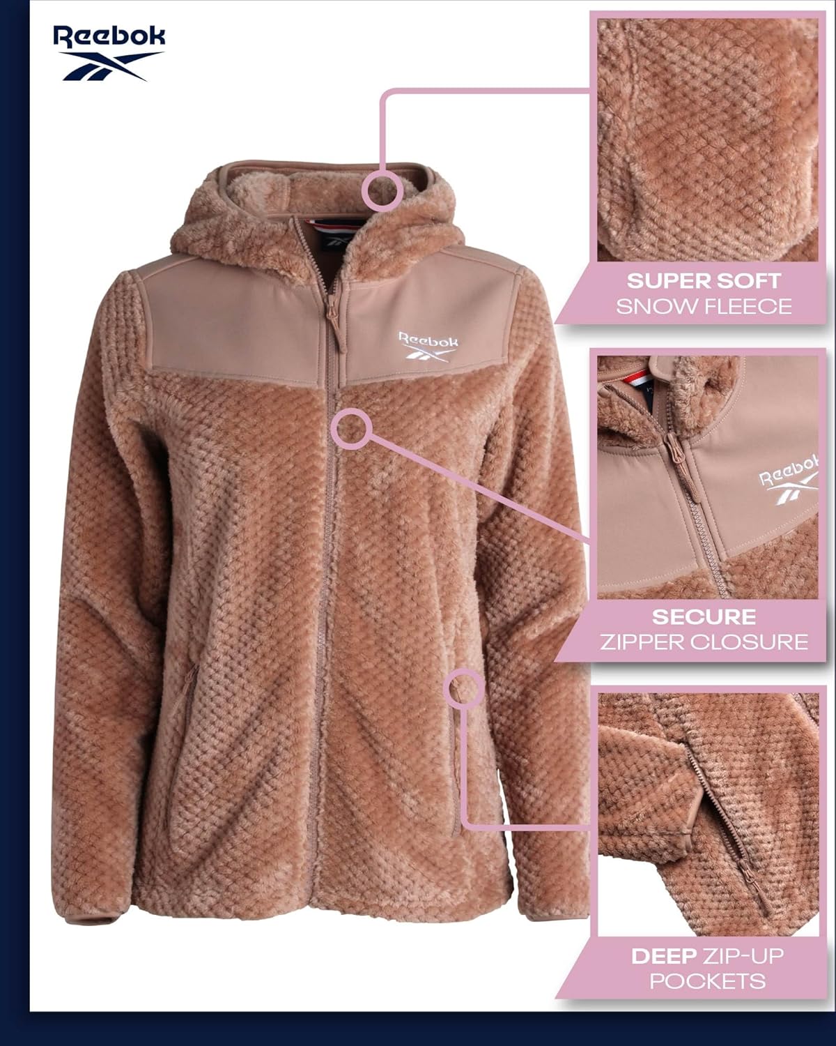 Reebok Womens Fleece Jacket - Super Soft Snow Fleece Hooded Zip Up Jacket - Cozy Softshell Outdoor Winter Jackets for Women