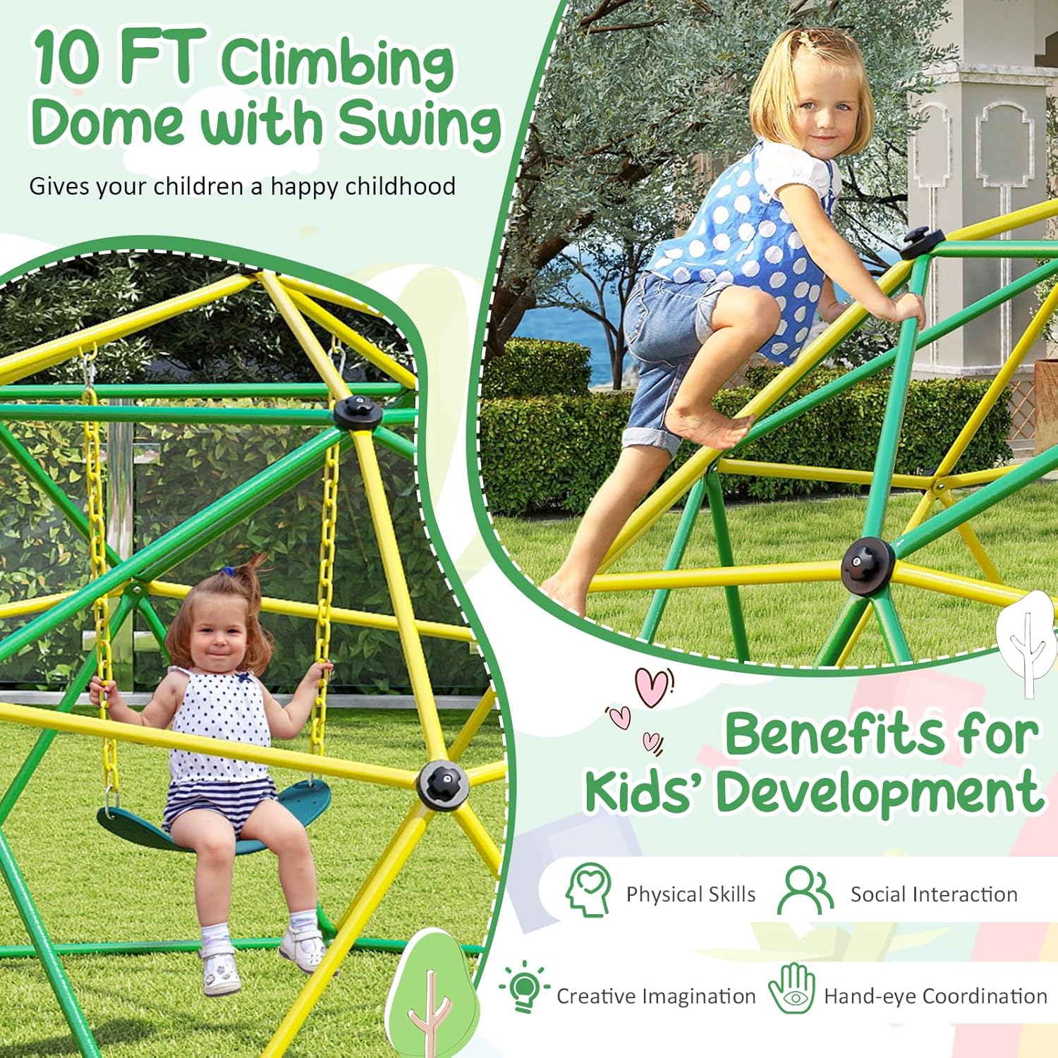 HONEY JOY 10FT Climbing Dome with Swing, Upgrade Jungle Gym Monkey Bar for Backyard, Outdoor Climbing Toys for Toddlers Playground Equipment, Supports 800 LBS, Geometric Dome Climber for Kids, Green