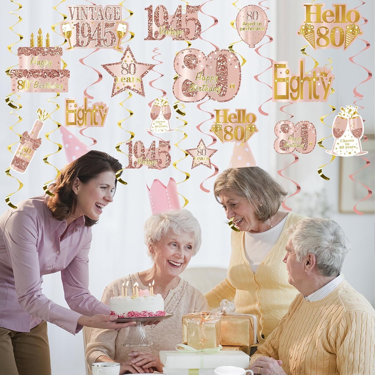 Pink Rose Gold 80th Birthday Decorations for Women, Happy 80th Birthday Card Table Centerpieces Hanging Swirls Party Supplies