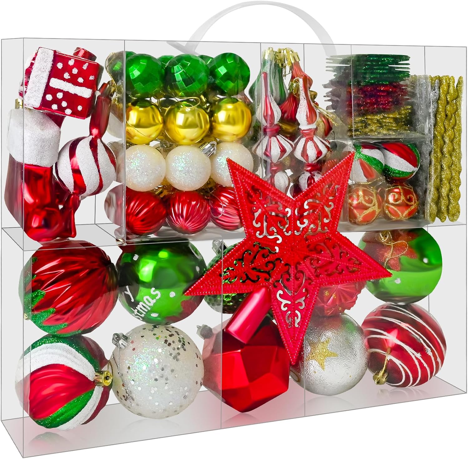 Christmas Tree Ornaments - 113PCS Christmas Tree Decoration Set, Red Green White Gold Silver Christmas Ball Shatterproof Hanging Xmas Tree Ornament Assortment Set