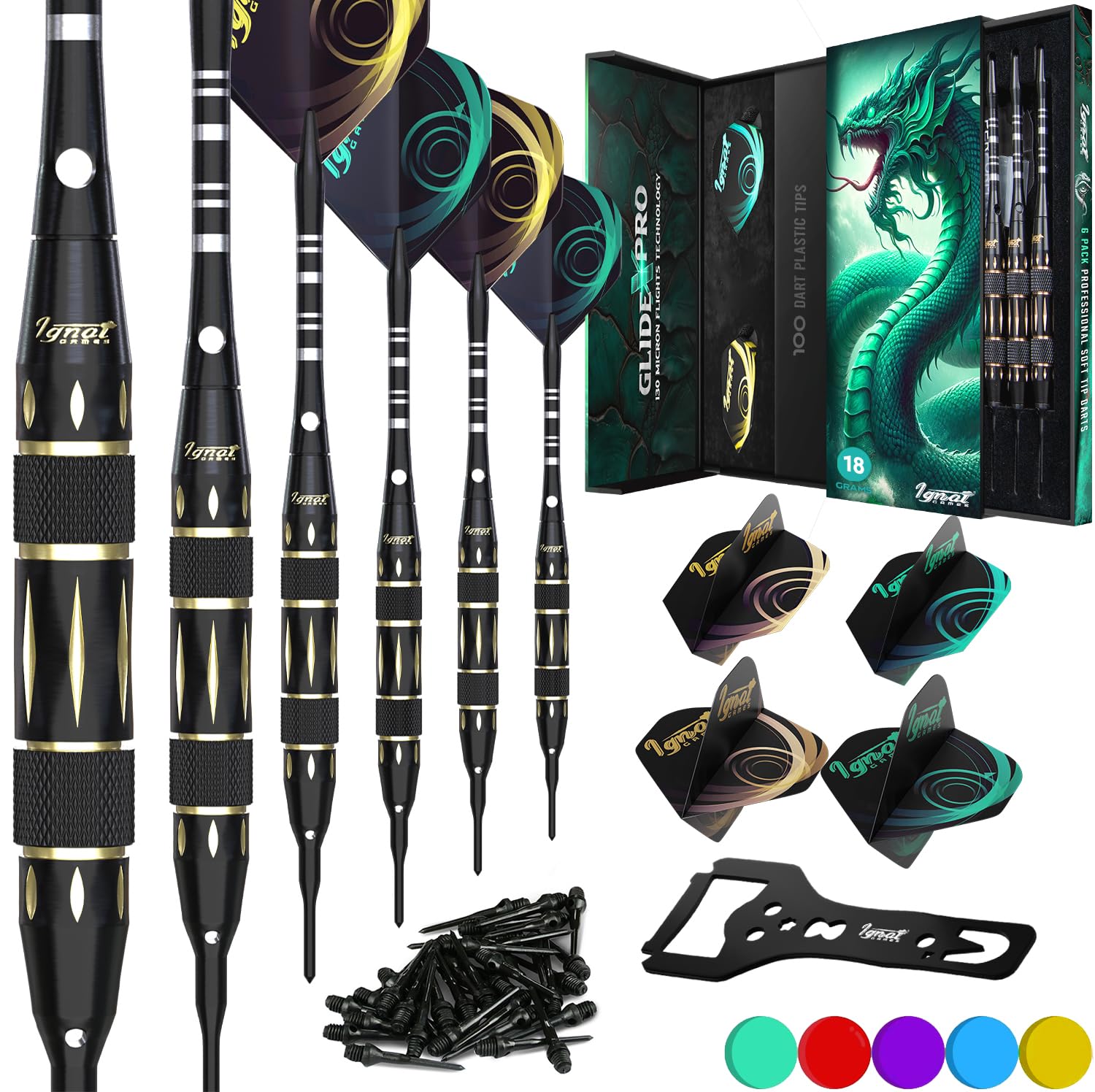 IgnatGames Premium Soft Tip Darts – 6/12 Pack Brass Barrels with Aluminum Shafts, 16 GlideXPro Flight Set, Tool Kit, Giftable Case & 100 Extra Tips