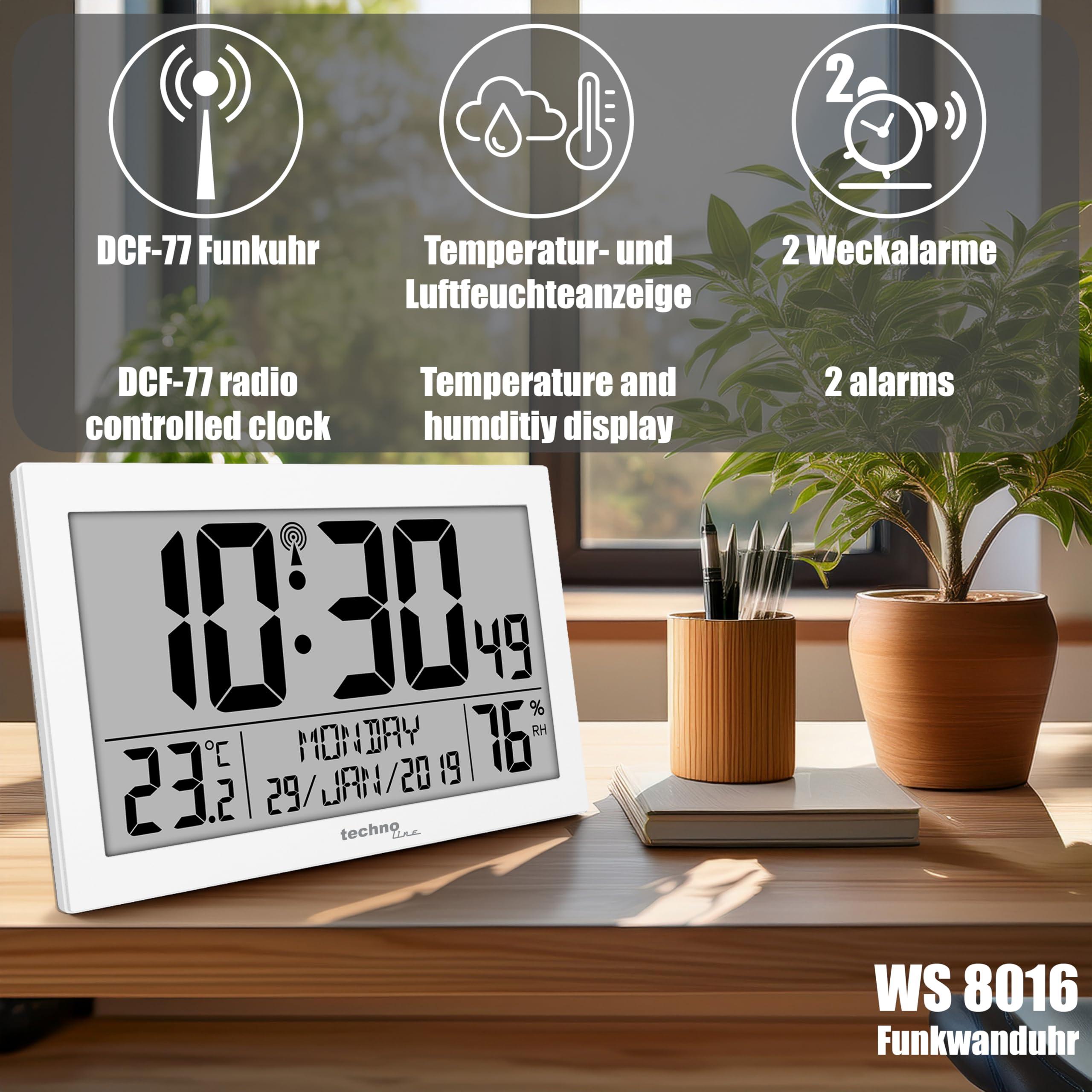 Technoline WS 8016 nowoczesny cyfrowy zegar ścienny z wyświetlaczem temperatury, tworzywo sztuczne, biały, 225 x 143 x 24 mm, WS8016 biały, 225 x 24 x 143mm