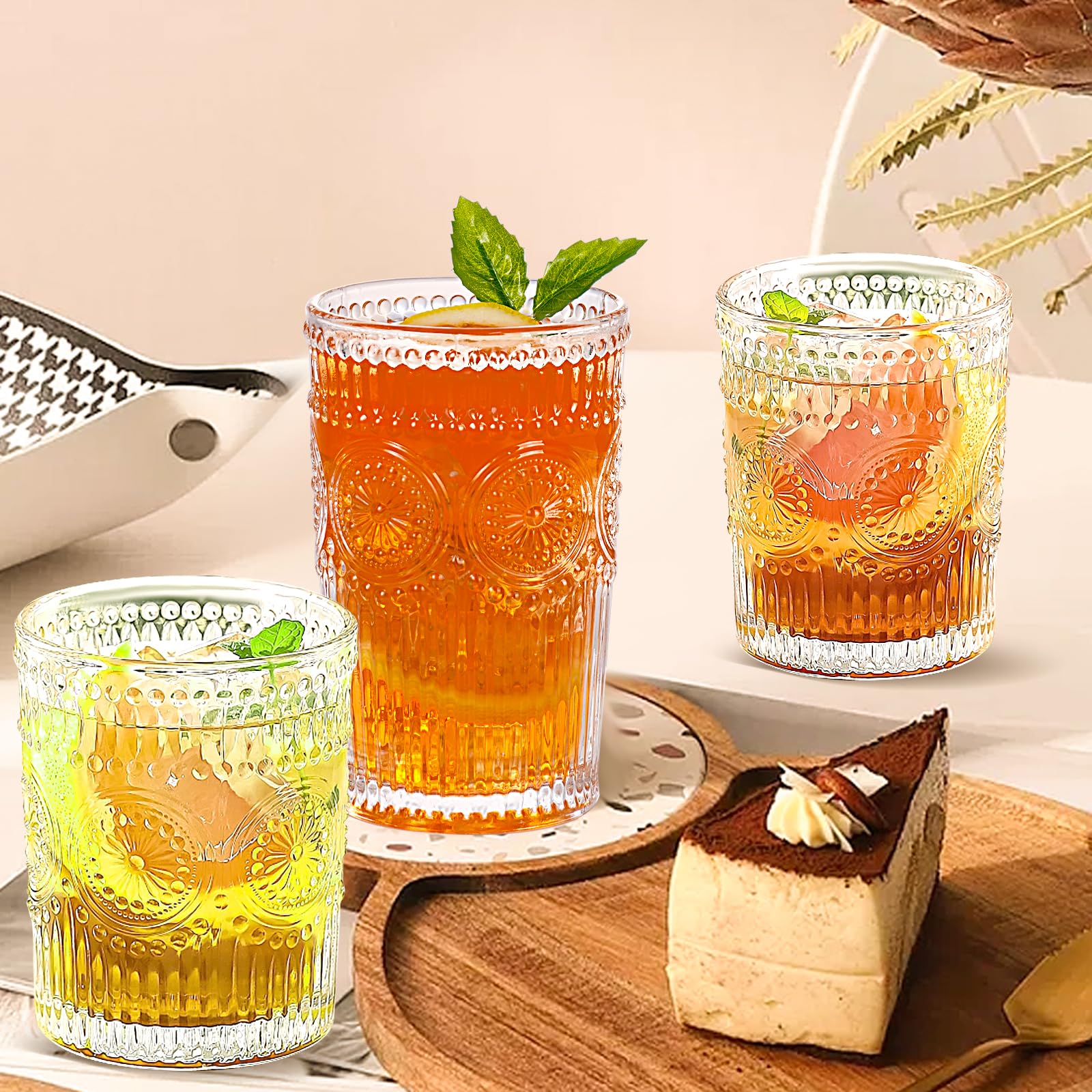 Lot de 12 verres vintage texturés en relief – 6 verres Highball de 355 ml et 6 verres à pierres de 295 ml – Tasses à cocktail romantiques pour eau glacée, jus, thé, boisson, café – Transparent