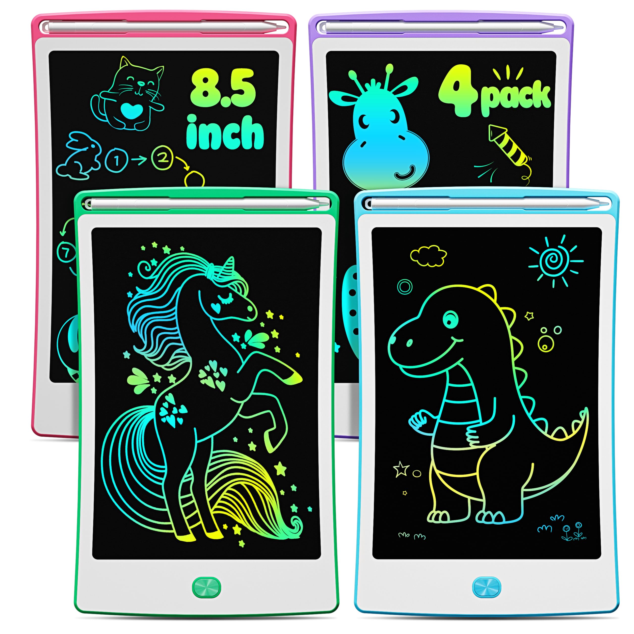 Magic Jimmy Pack of 4 LCD Writing Tablets, 8.5 Inch Colourful Drawing Board for Children, Toy Birthday Gift for 3-6 Years Old Girls Boys