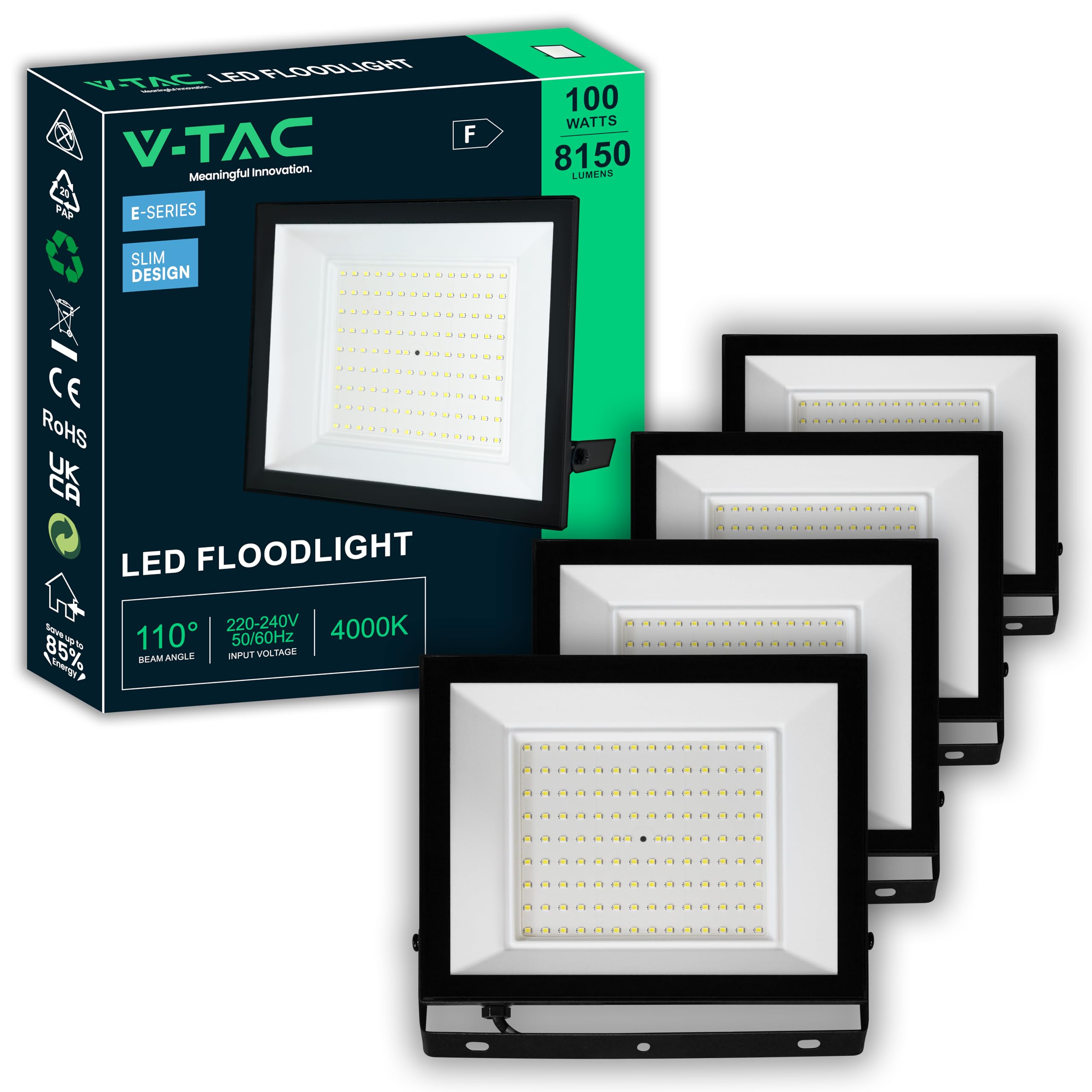 V-TAC 4x Fari LED da Esterno 100W - [ E-Series - Alte Perfomance, Bassi Consumi ] - Super Slim Design - 8150 Lumen - IP65 - Proiettore per Casa, Garage, Magazzino - Impermeabile - Luce Naturale 4000K
