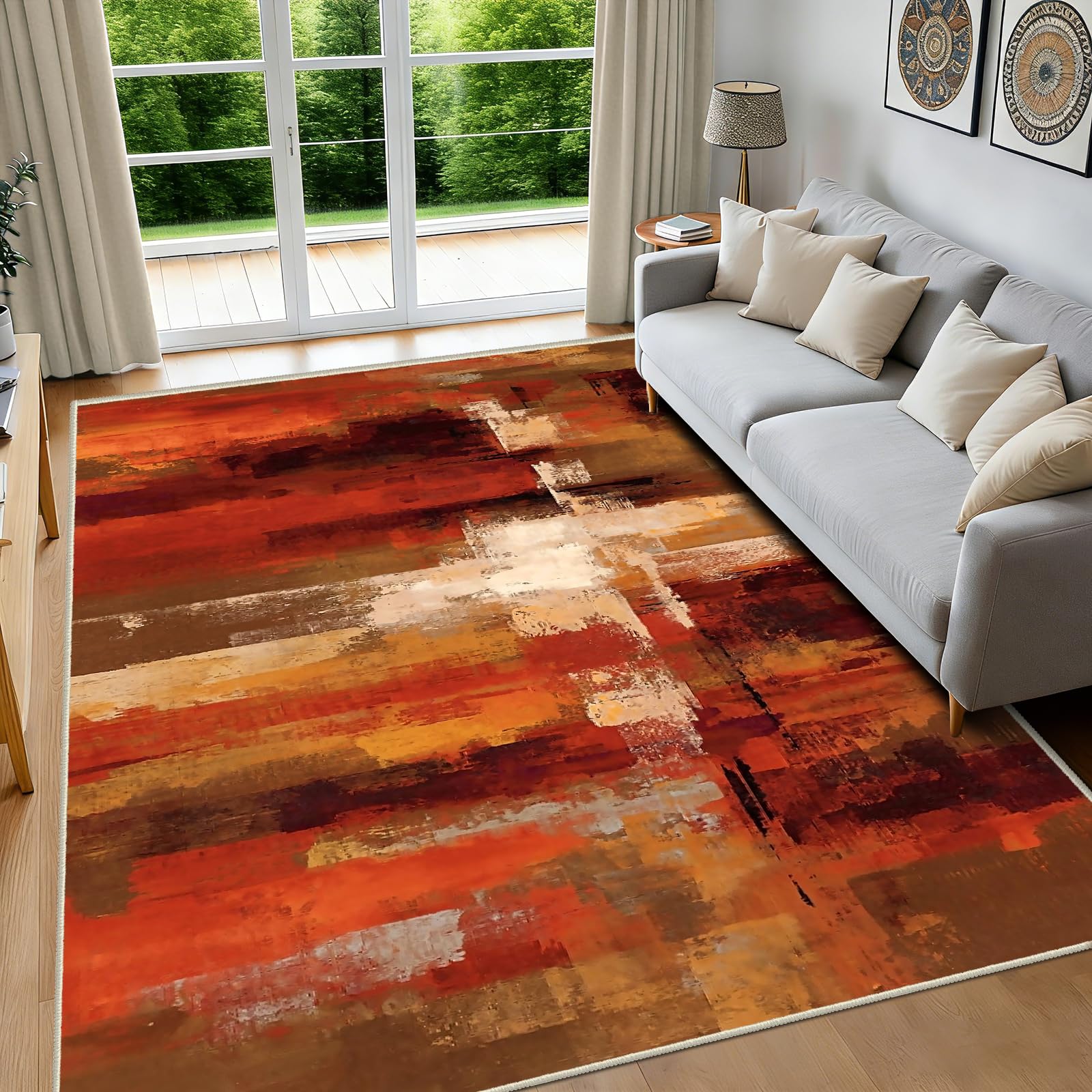 FTCJWL Orange Teppich Wohnzimmer 140x200cm Waschbare Moderner Weicher Rugs for Living Room Schlafzimmer Esszimmer Jugendzimmer Kinderzimmer (Braun Orange Rot