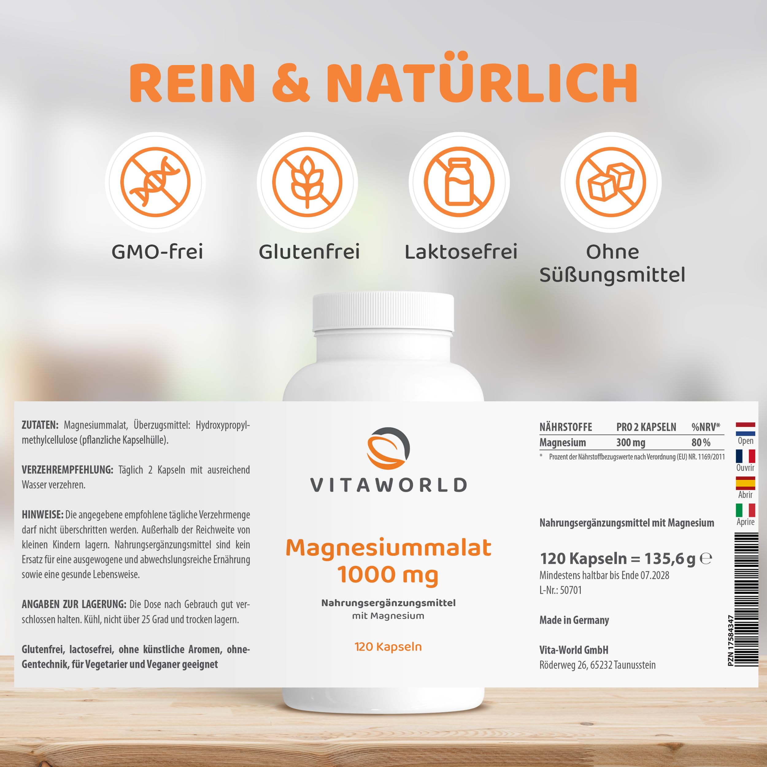 3x vitaworld Magnesium Malat Kapseln hochdosiert 1000mg, 3 Dosen | 360 vegane Kapseln, Hohe Bioverfügbarkeit, Ohne Zusätze und Gentechnik, Laktose- und glutenfrei