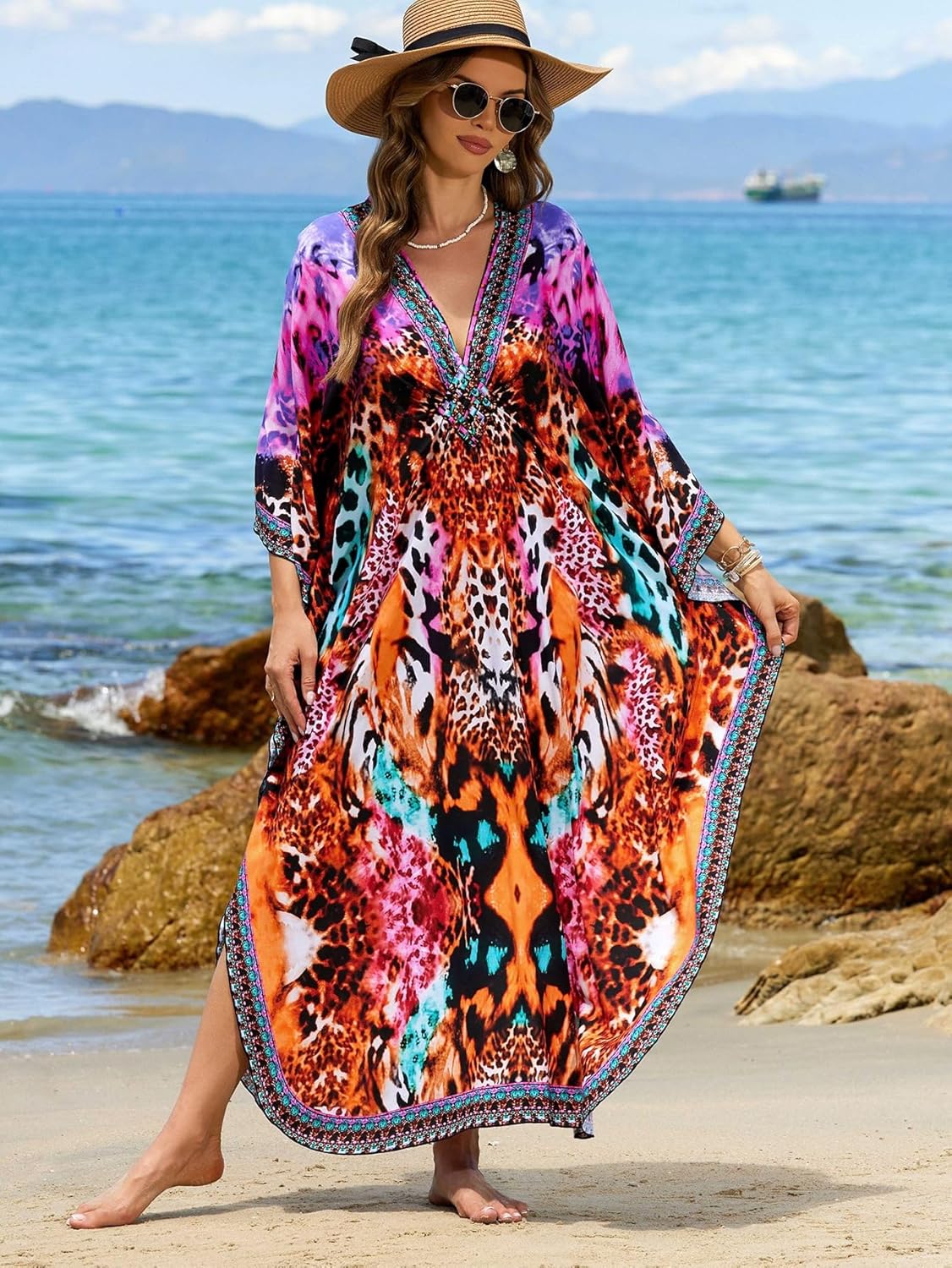 Kaftan Dresses for Women Plus Size V-Neck Moo Moos Batwing Kaftan Beach Dress Bathing Suit Cover-Up Loungewear - Image 6