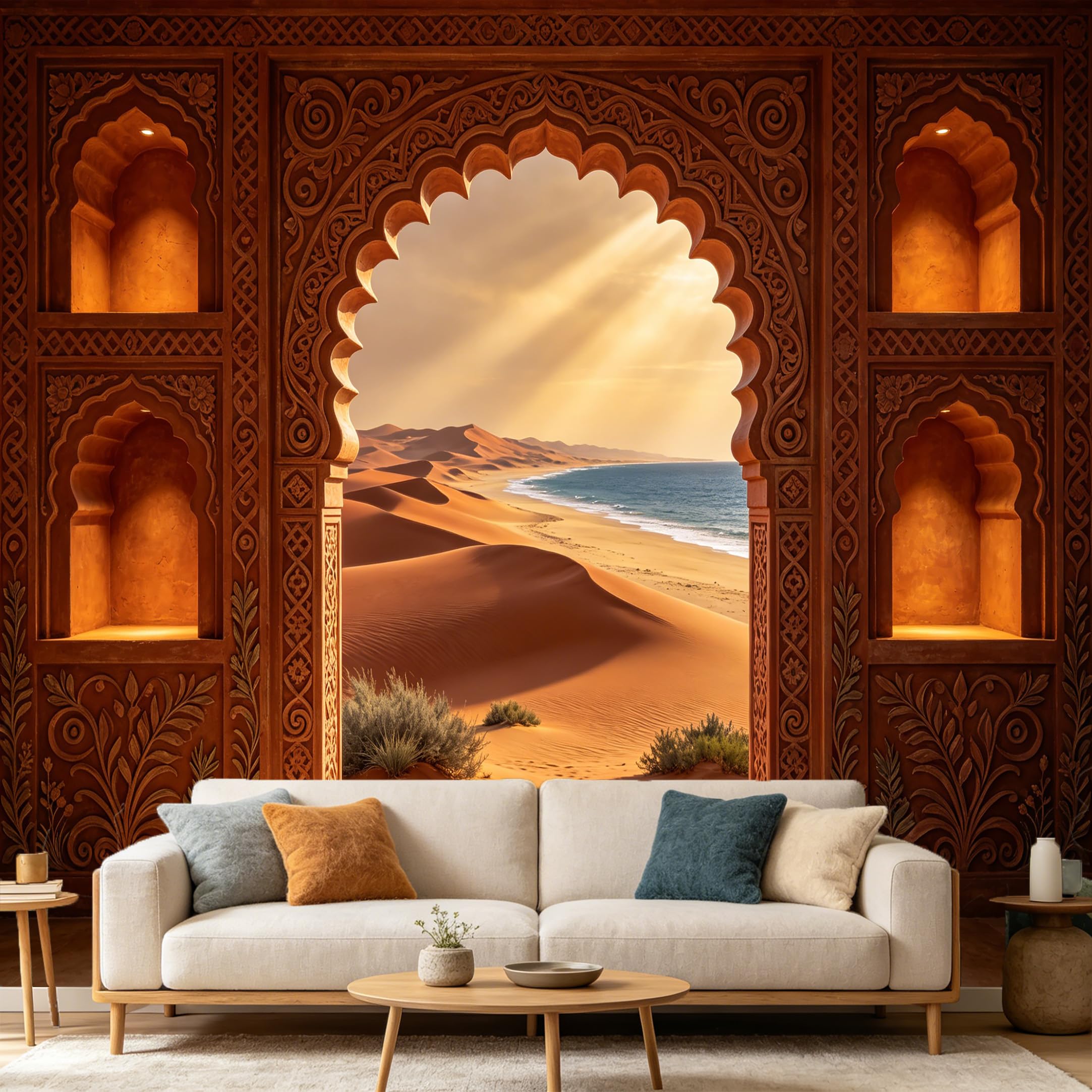 Custom Size Wall Mural， Moroccan Arch Desert Dunes Ocean View， 3D Trompe L'Oeil Landscape， SelfAdhesive Art Prints wall Fabric Removable Large Wallpaper Home Living Room Decor