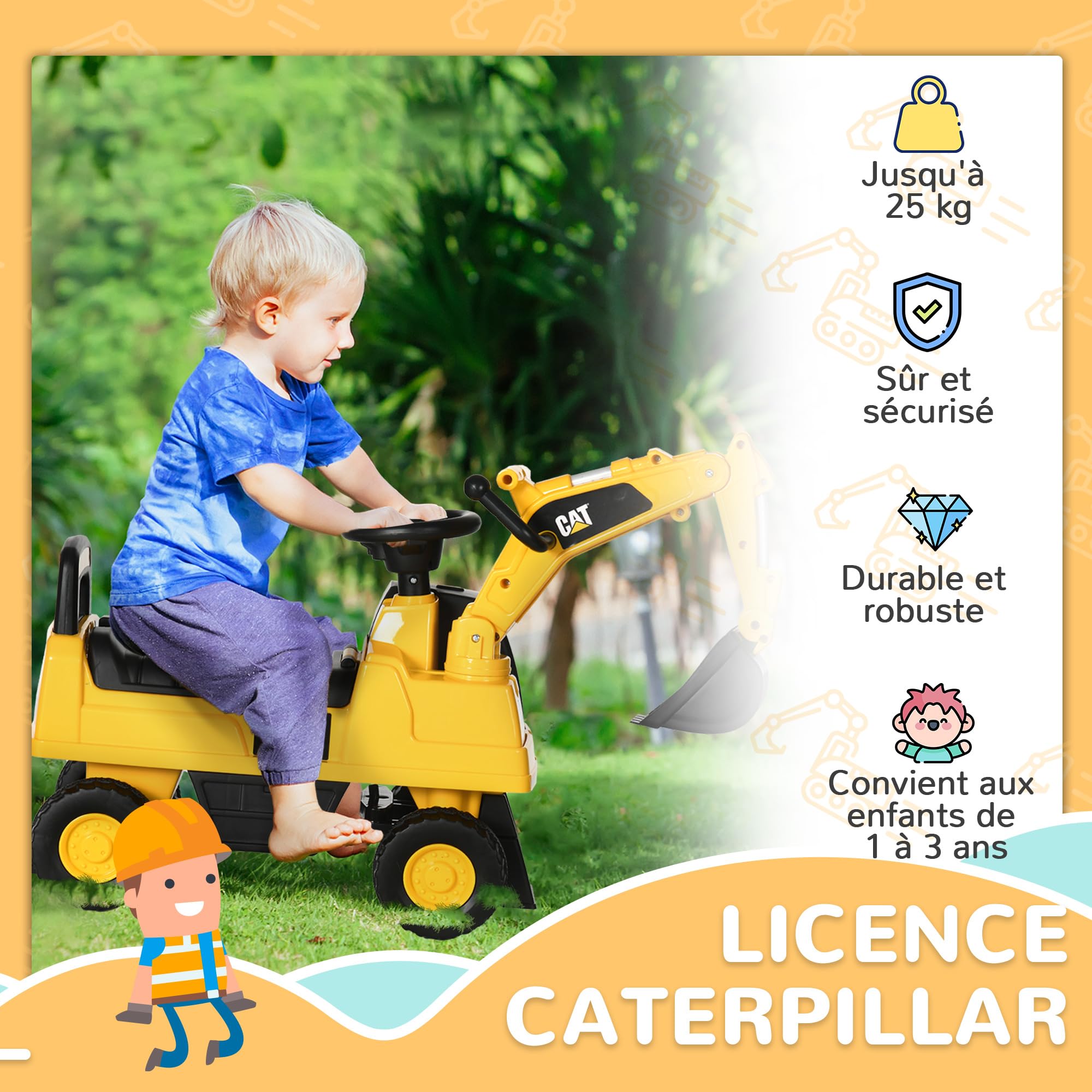 HOMCOM Tractopelle Enfant sous Licence Cat, Porteur Pelleteuse Enfant avec Pelle Manuelle, klaxon et Rangement caché, pour garçons et Filles de 12 à 36 Mois, Jaune