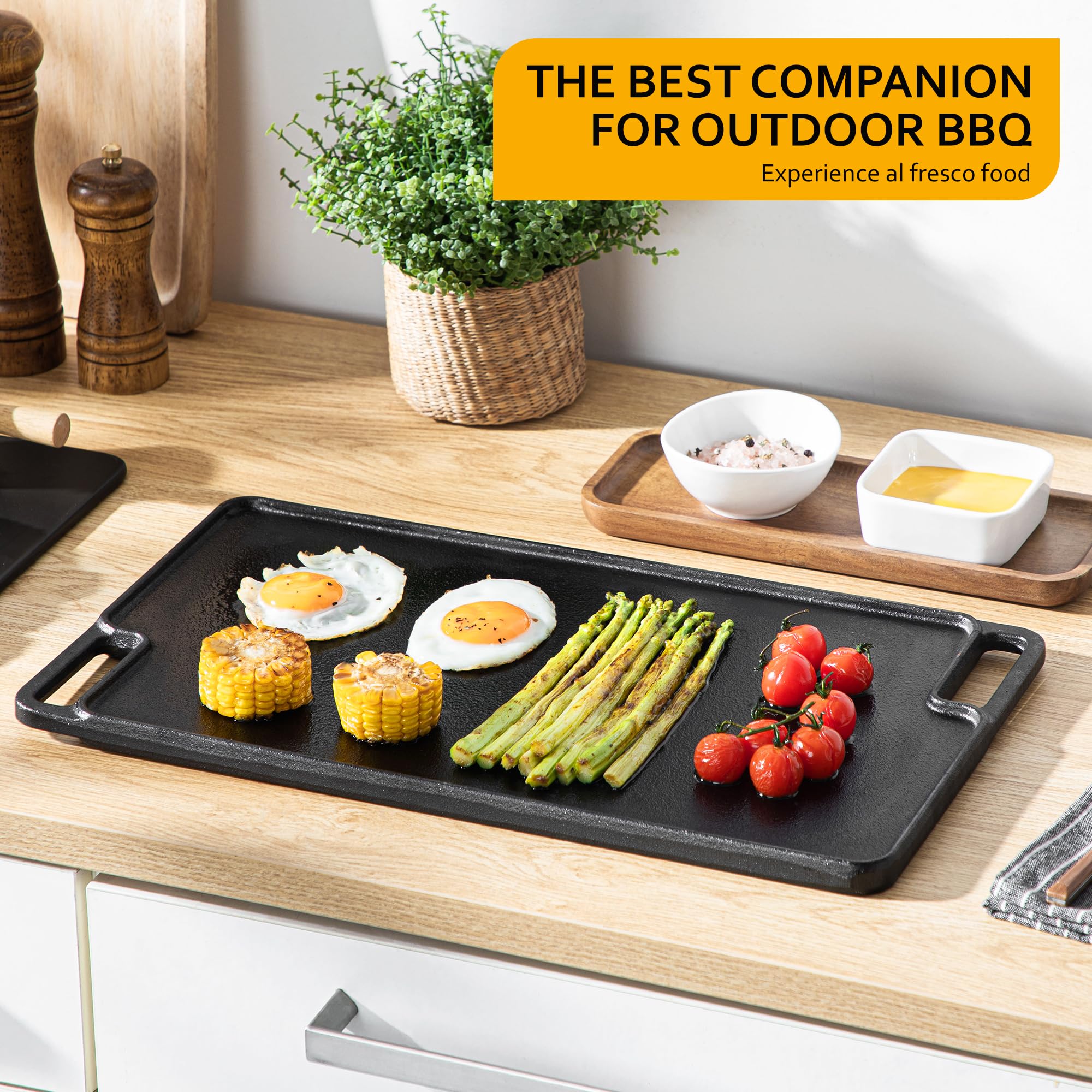 Velaze Bistecchiera in Ghisa con Maniglie, Reversibile, Antiaderente, Grill Piastra con Doppia Faccia, Adatta a Tutti Piani Cottura, Induzione e Forno - Nero (46x26x3cm)