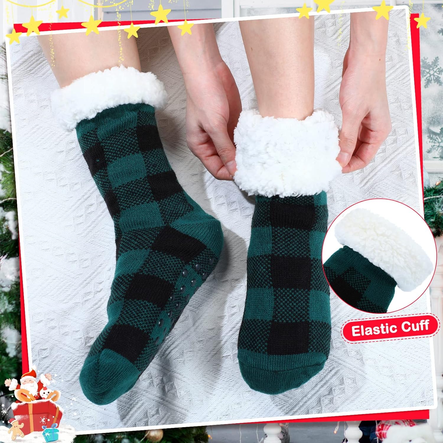 Jadive 6 Pairs Christmas Fuzzy Slipper Socks for Women with Grippers Non Slip Winter Warm Fluffy Cozy Fleece Socks