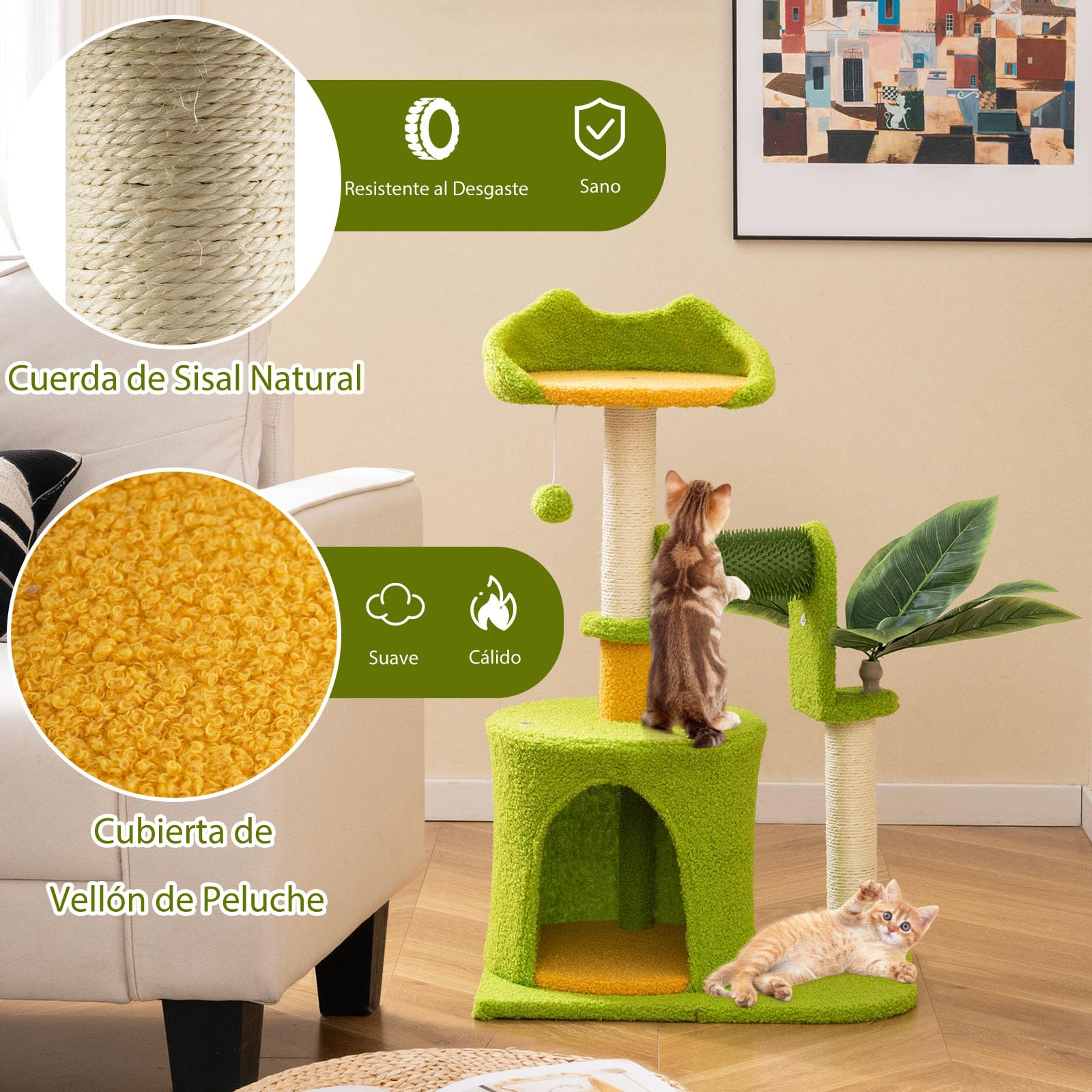 GOPLUS Árbol para Gatos con Hojas Artificiales, Torre para Gatos con Condominio, Percha, Postes Rascadores de Sisal, Peluquero Automático, Pompón Colgante, Centro de Actividades de Interior