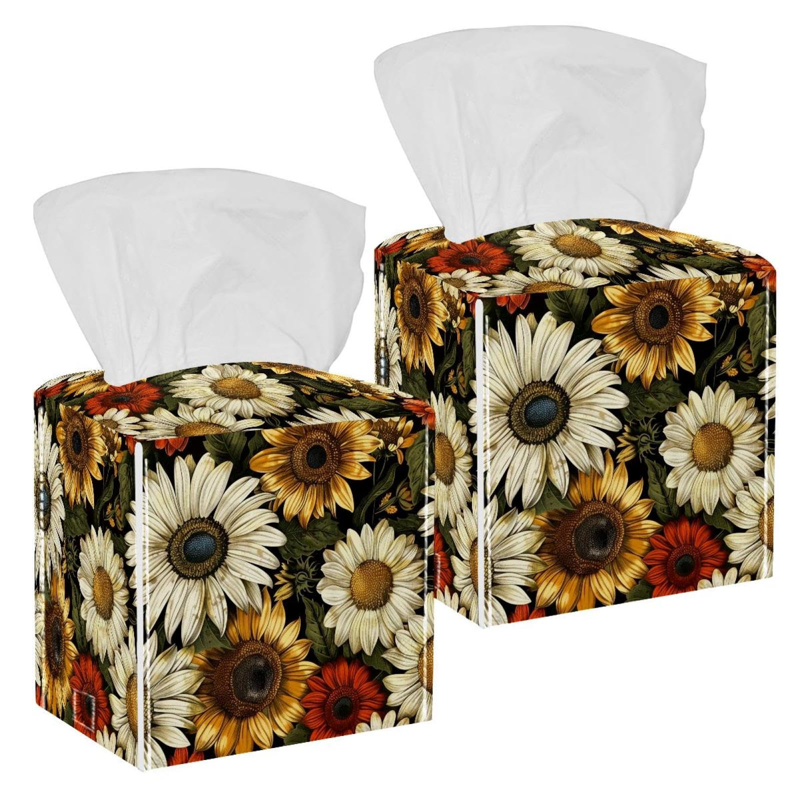 Sunflowers Tissue Box Cover, 2 Pack PU Leather Square Facial Tissue Dispenser Box holder for Home Office Car