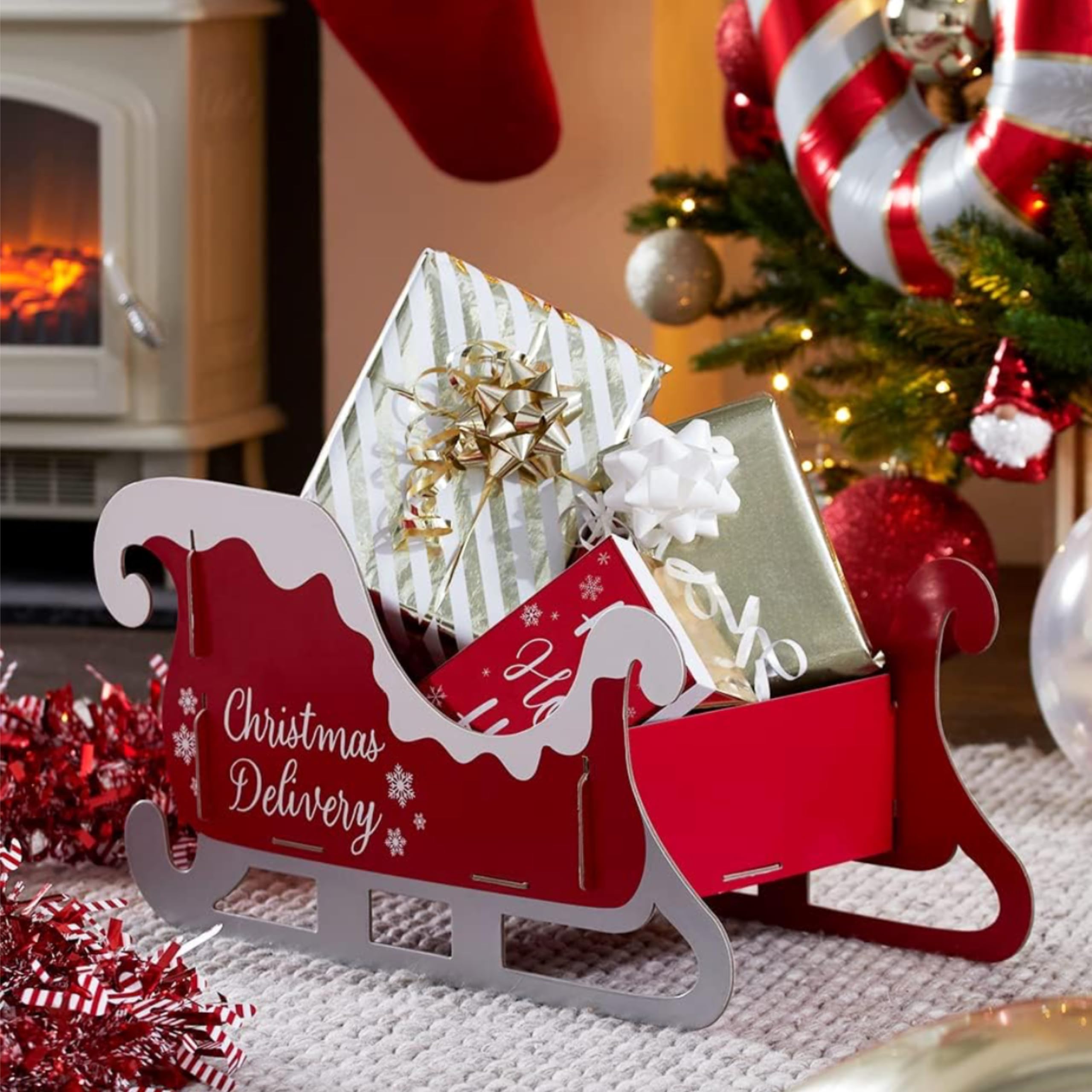 Eboutik Red - Festive Childrens Holding Diy Sleigh - Large Xmas Home Decoration Ideal For Small Presents Or Stocking Fillers - Kids Christmas Eve Box Or Gift Bag