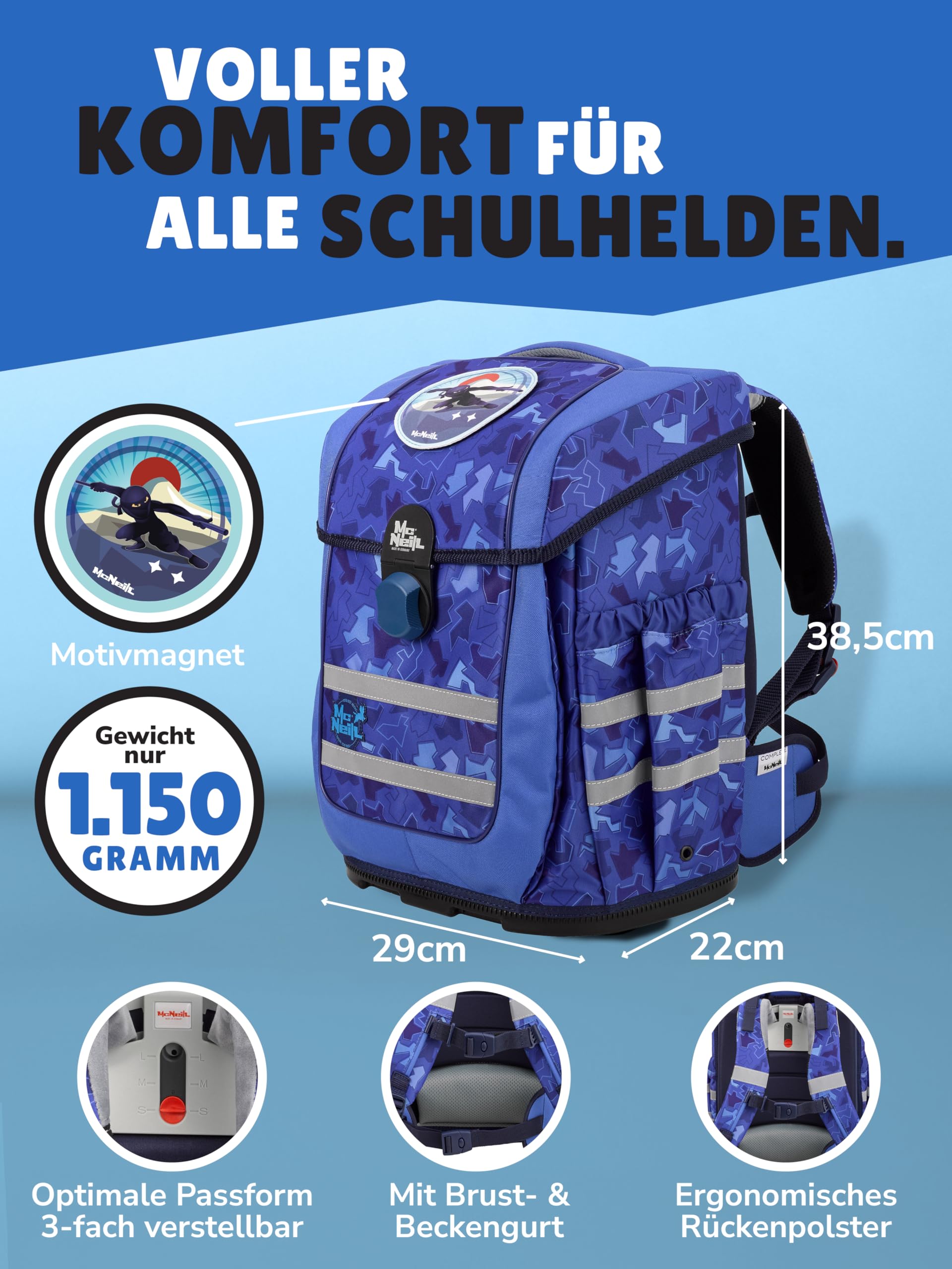 Familando - McNeill Ergo Complete Schulranzen Set - 10-teilig mit Schultüte - Puzzle - Ergonomisch & 3-Fach verstellbar - 1150g leicht mit 20L Volumen & Reflektoren - Für Grundschule ab 1. Klasse