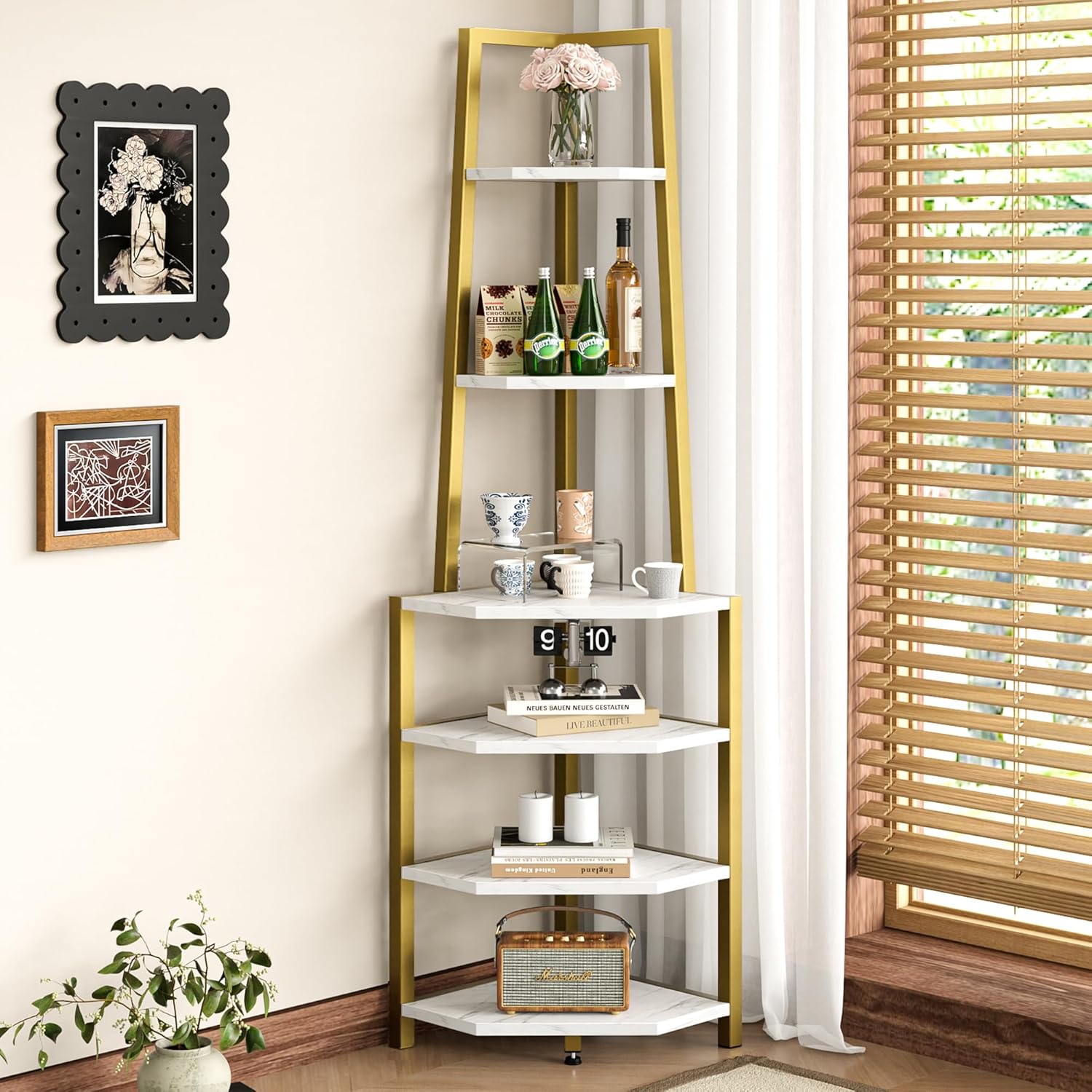 VECELO 6 Tier Corner Shelf 69 Inch Industrial Bookshelf with Metal Frame, Multipurpose Tall Plant Stand with Opening Display Shelves for Living Room, Bedroom, Home Office, Small Space, Gold