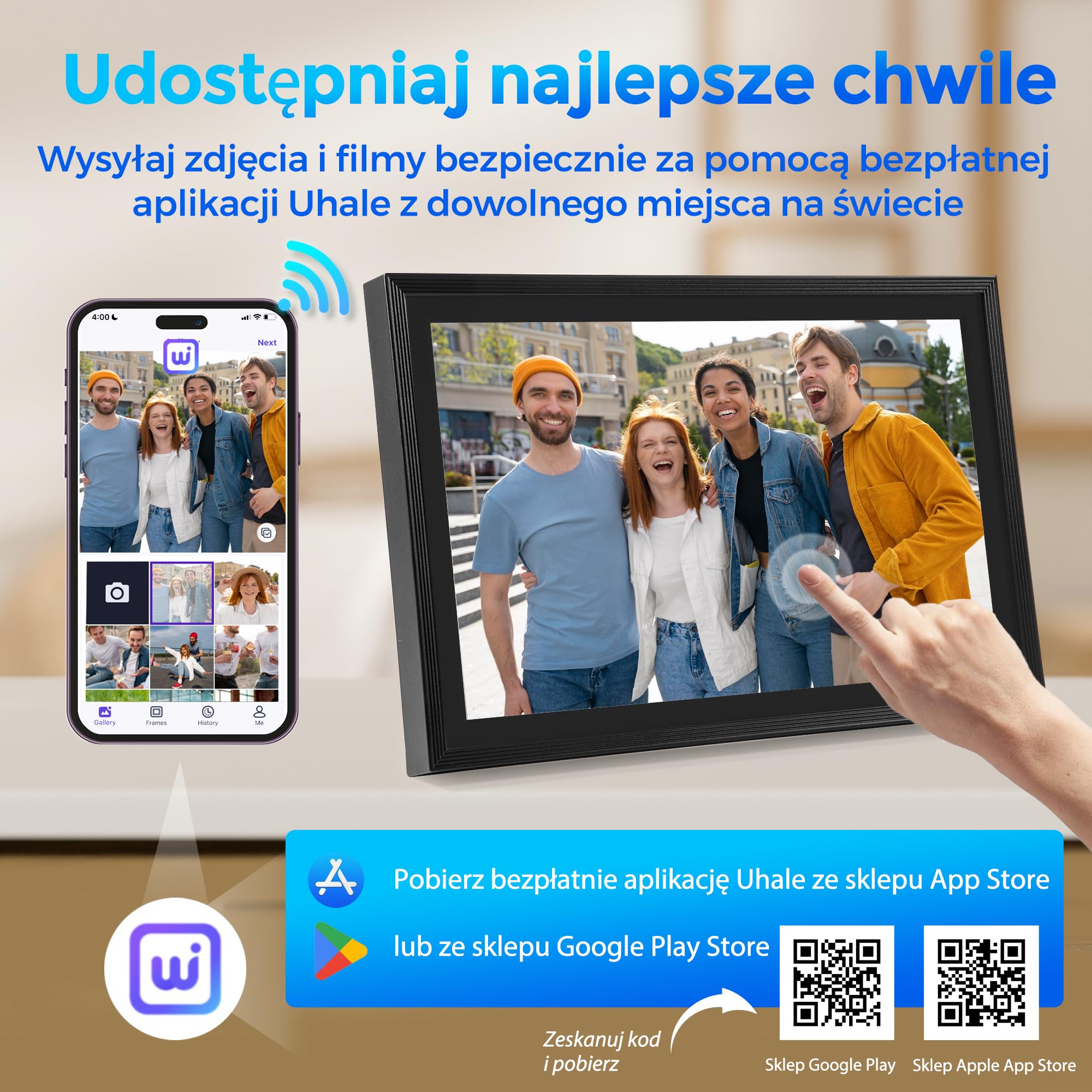 Saaf Cyfrowa ramka na zdjęcia – ekran dotykowy 10,1" – WiFi & App 'Uhale' – 64 GB pamięci masowej (wewnętrzna 32 GB + 32 GB SD) – cyfrowa ramka na zdjęcia – czarna – łatwa obsługa