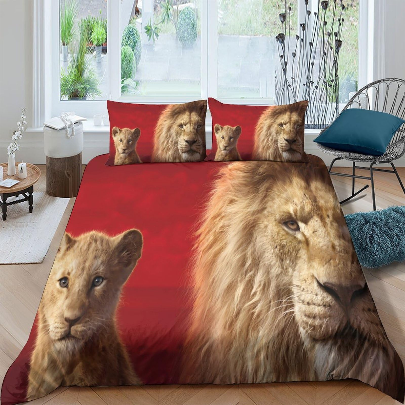 3D Printed Lion Family Duvet Cover Set Microfiber Soft Red Bedding with 2 Pillowcases for Bedroom Decor Single（135x200cm）