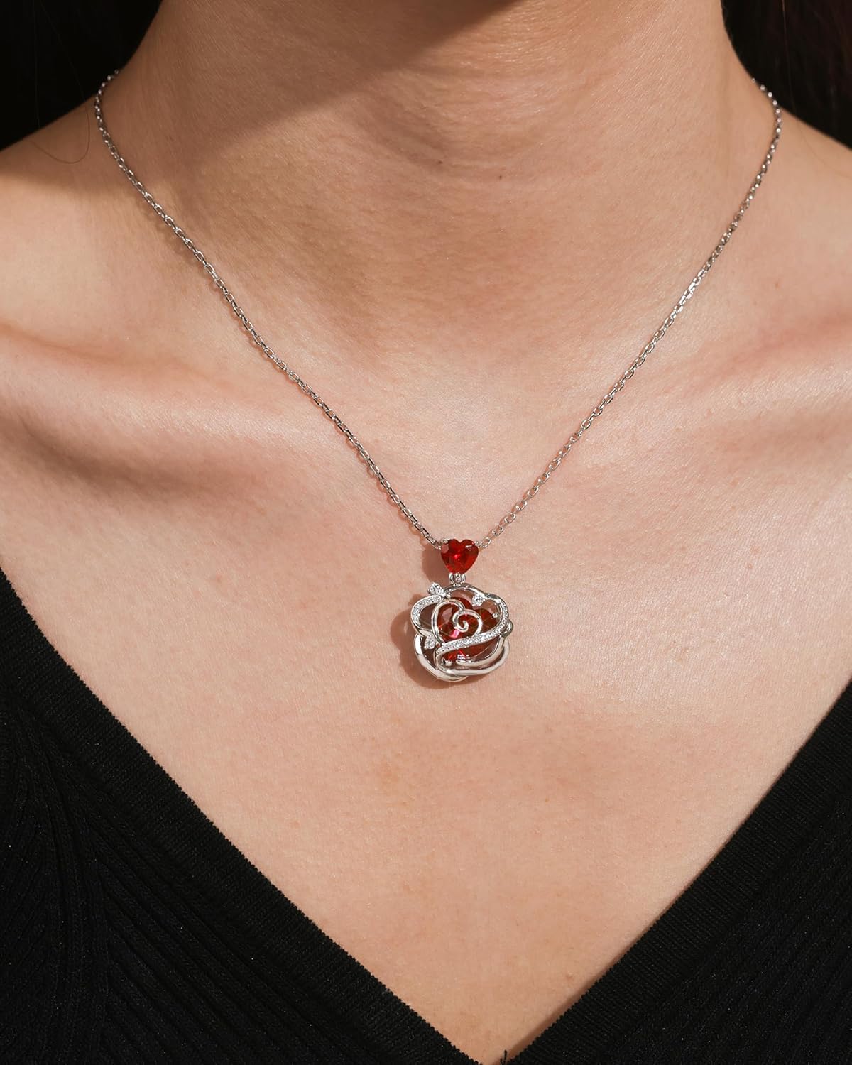 FANCIME Thornless Pulse Heart Birthstone Necklace for Women Sterling Silver Rose Pendant Fine Jewelry Gemstone Birthday Mothers Day Gifts for Wife Her - Image 2