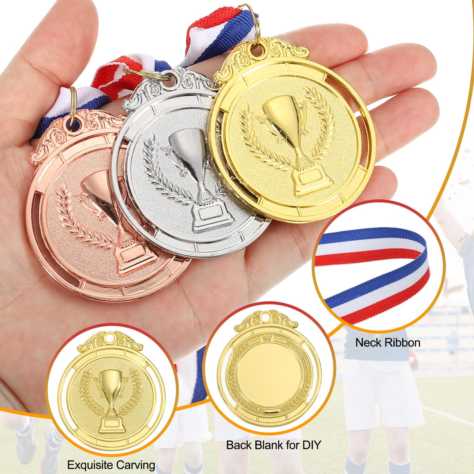QUARKZMAN 48 Stück Gold Silber Bronze Medaillen Auszeichnung 5cm Metall | Siegermedaillen, mit Halsband, Trophäenmuster, für Sportstag Olympiade Mannschaftssportwettbewerbe Spiele Partyschmuck