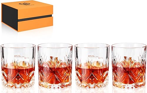 Vaso de whisky de cristal, juego de 4 vasos mezclados antiguos en caja de lujo. Vaso de rocas pesadas prémium para beber whisky escocés bourbon y