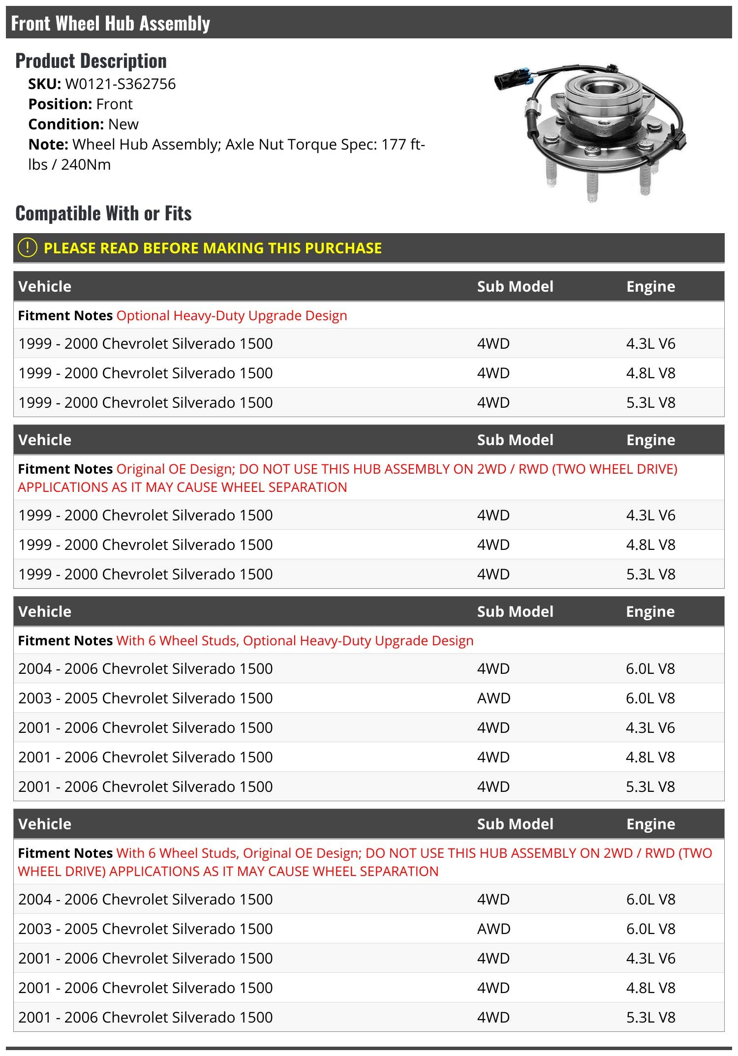 Chevy Silverado hub replacement checklist: torque specs, TTY axle nut, correct hub for 2WD vs 4WD