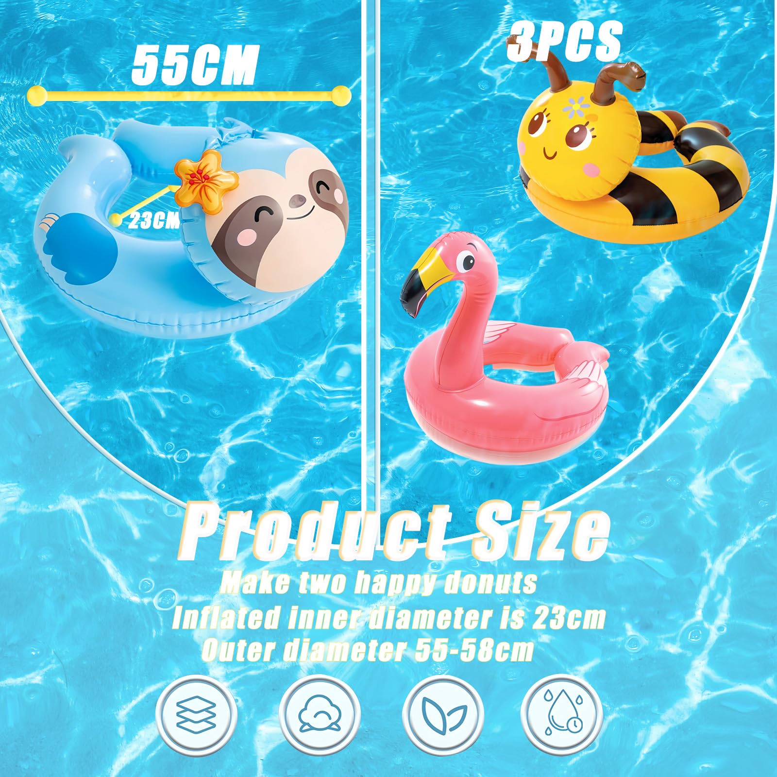 Bee Sloth Flamingo Inflatables Swimming Ring Rubber Rings for,3pcs Inflatable Swim Rings Pool Floats,Inflatable Pool Ring Toy Floaties for Beach Summer Party Water Sport - Image 2