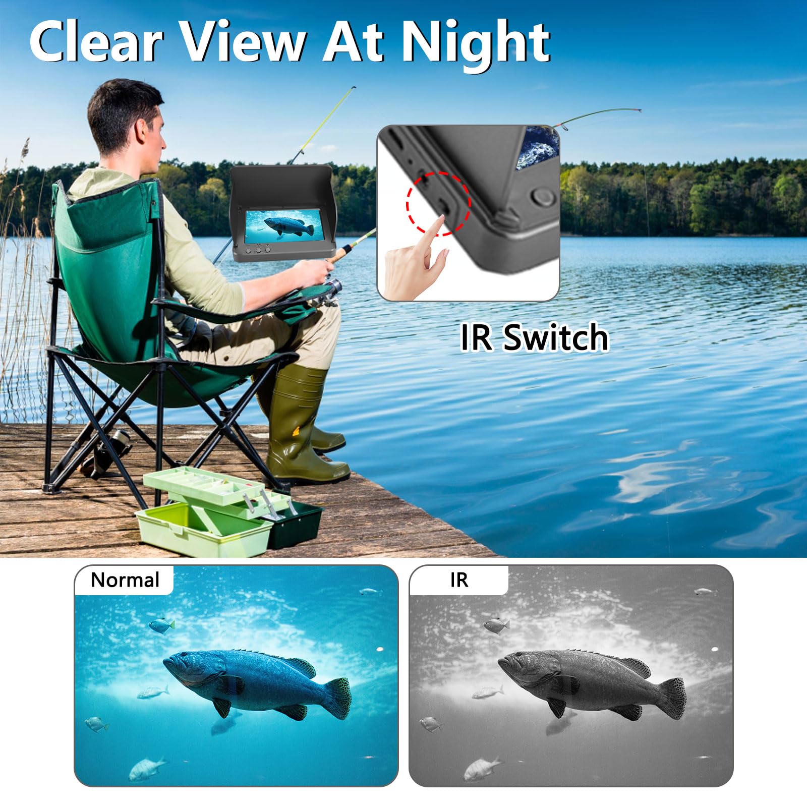 Fotocamera Fish Finder, telecamera da pesca subacquea da 5000 mAh grandangolare con visione notturna a infrarossi, impermeabile IP67, con schermo da 10 cm per ghiaccio, fiume e barca