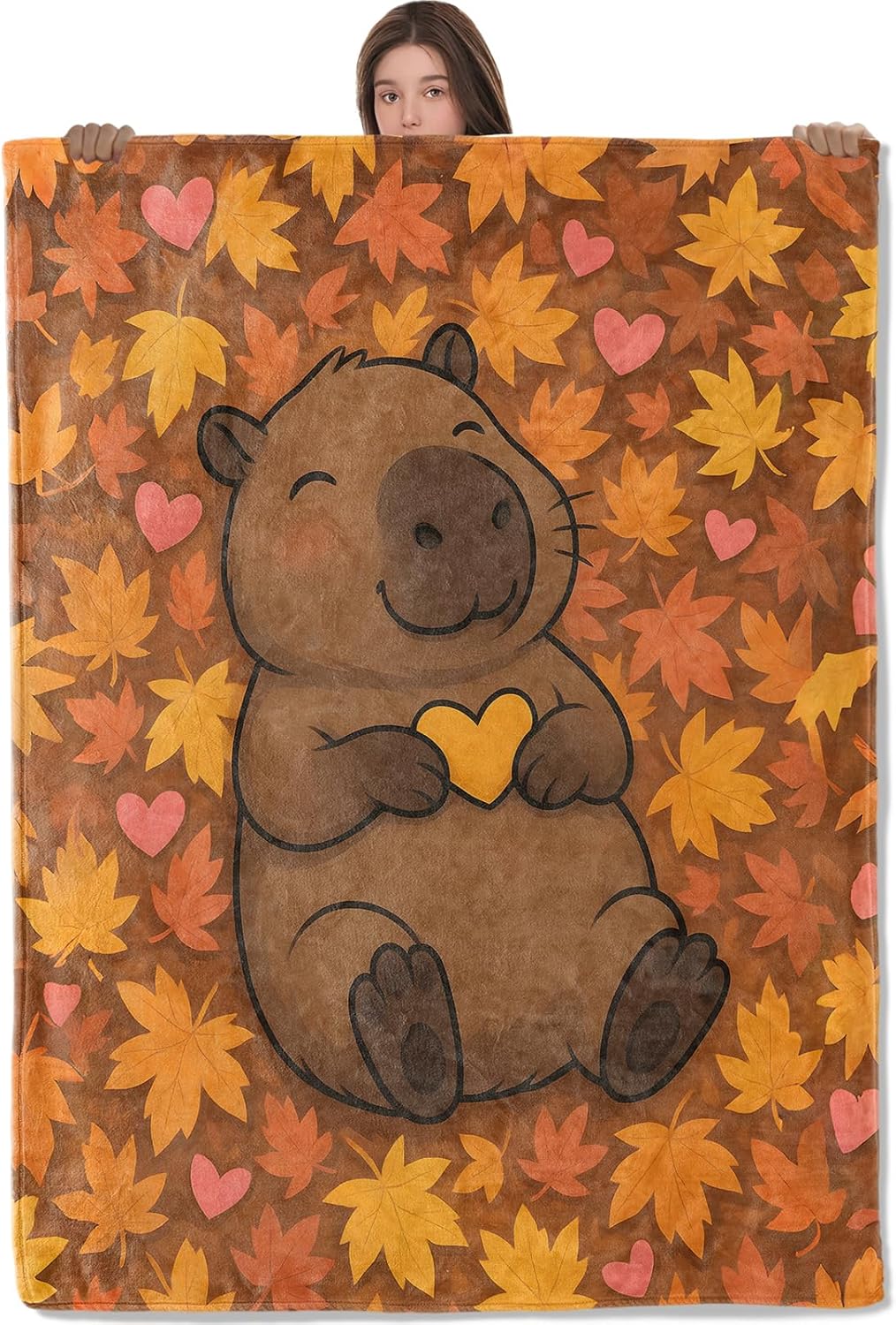 Cute Capybara with Leaves Blanket, Comfy & Warm Flannel Throw Blanket for Couch, Gifts for Women Kids Girls Animal Lovers, Soft Fuzzy Lightweight Travel Bed Blankets for Decor 50"×60"