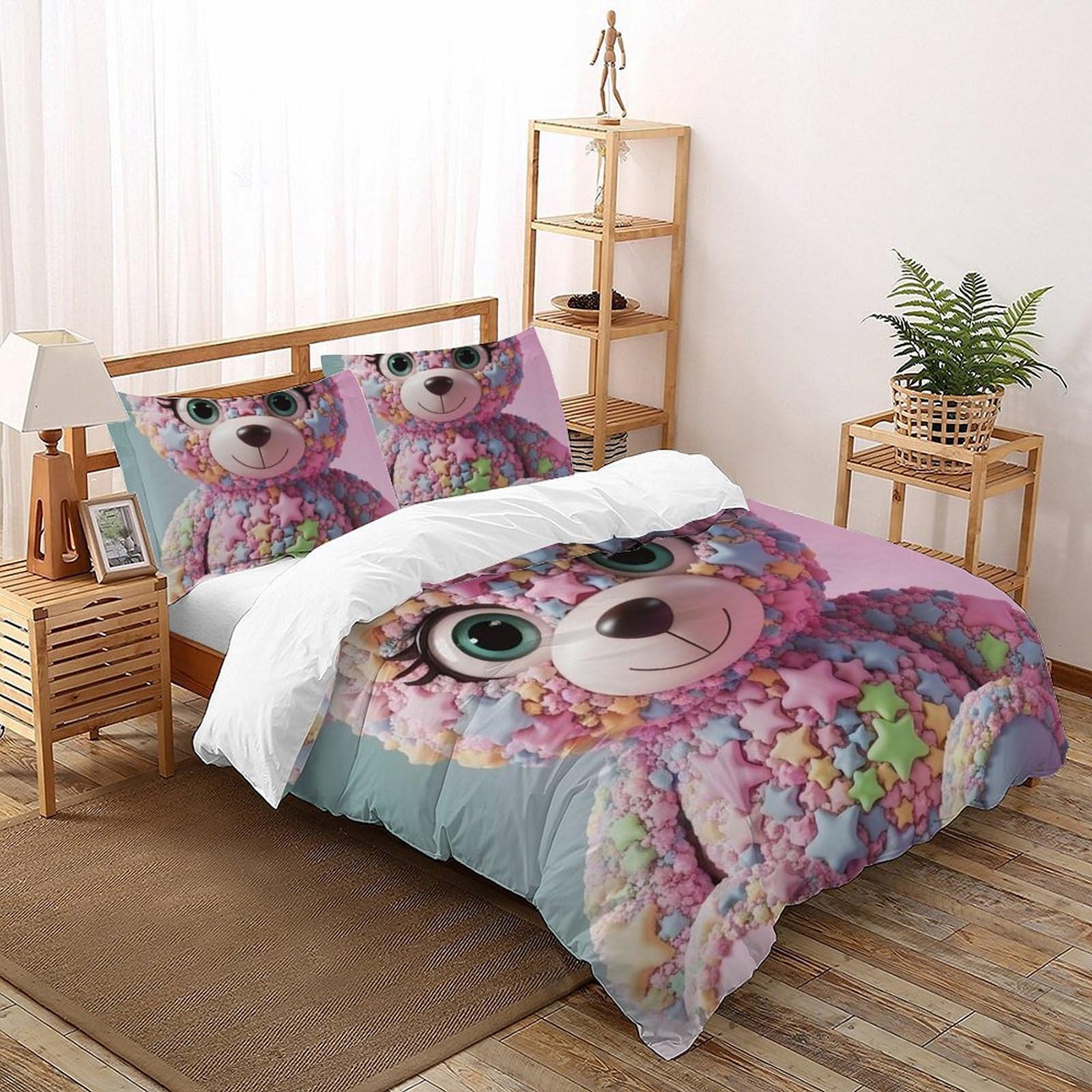 Housse de couette ours anti-plis grand lit fille avec 2 taies d'oreiller douces