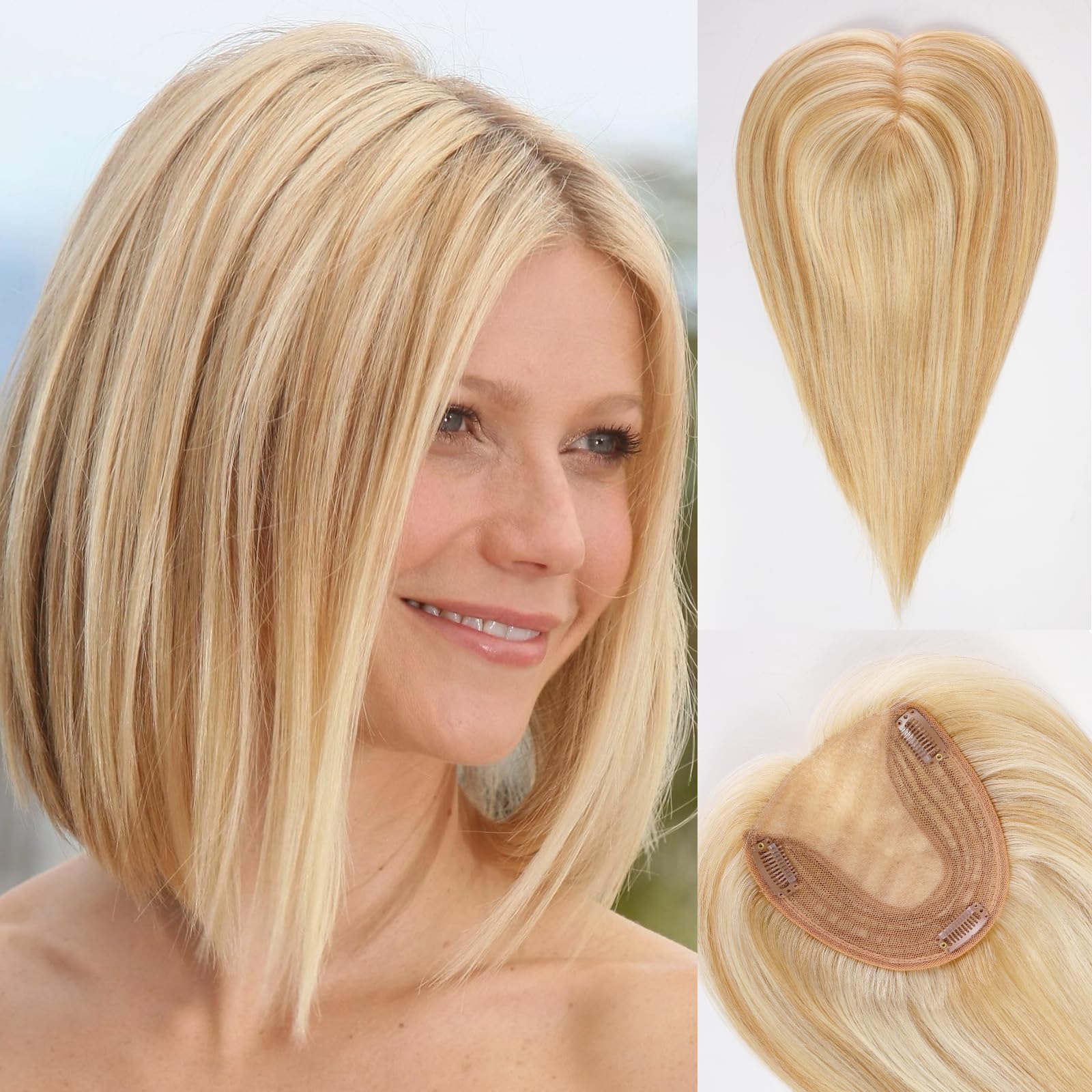 HAIRCUBE Echthaar-Haarteil ohne Pony für Damen，5x5,5 Zoll Basis，14 Zoll Hellblond & Platinblond，zur Deckung von grauen Ansätzen und dünner werdendem Haar