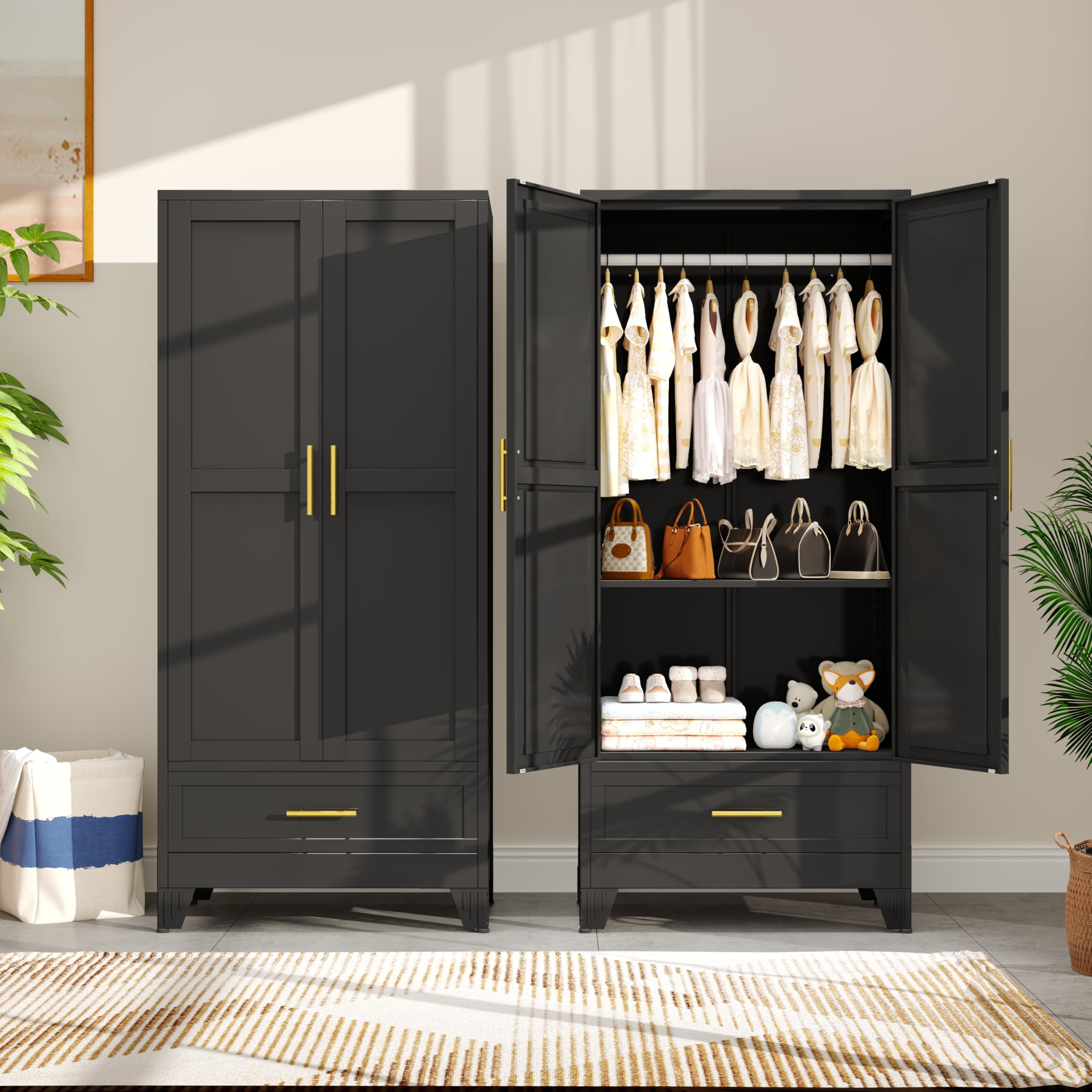 AUEYTVR Metal Armoire Wardrobe Closet with Drawers,Storage Cabinet with Hanging Rod,71'' Metal Wardrobe Cabinet with 2 Doors and Adjustable Shelves