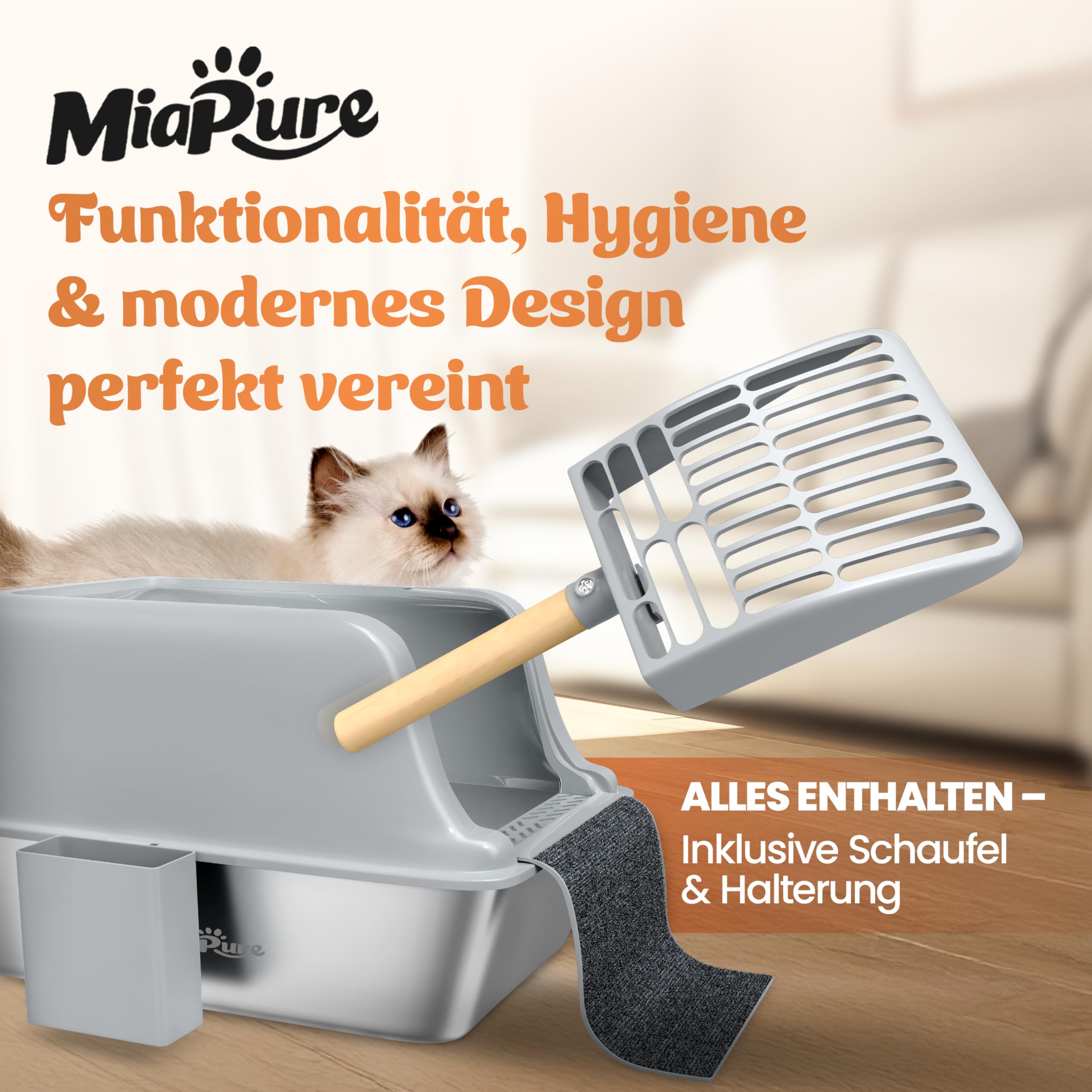 Edelstahl Katzenklo XXL 60x40x30cm mit hohem Rand inkl. Schaufel | Komplettsystem gegen Streu-Chaos dank integrierter Klappe mit Streumatte – auslaufsicher, geruchsfrei & leicht zu reinigen