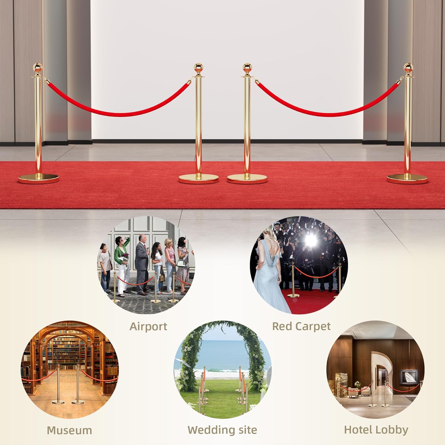 Stainless Steel Stanchion Post, 6 PCS 5FT Red Velvet Rope, Gold Stanchion Post with Ball Top, Hollow Base, Red Carpet Ropes and Poles, Crowd Control Barriers for Party