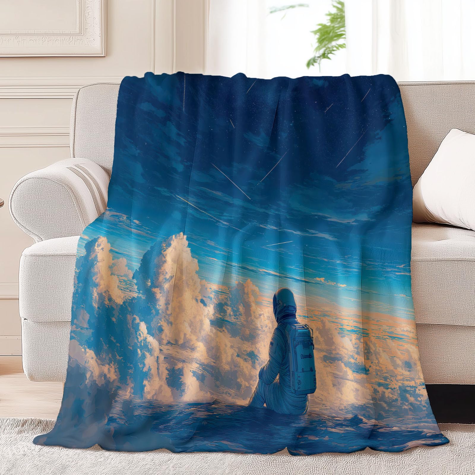 Manta mullida de 180 x 220 cm – Manta de franela suave y romántica reversible para sofá, astronauta, cielo estrellado, nubes, manta de forro polar, manta extra cálida para el salón, camping o oficina