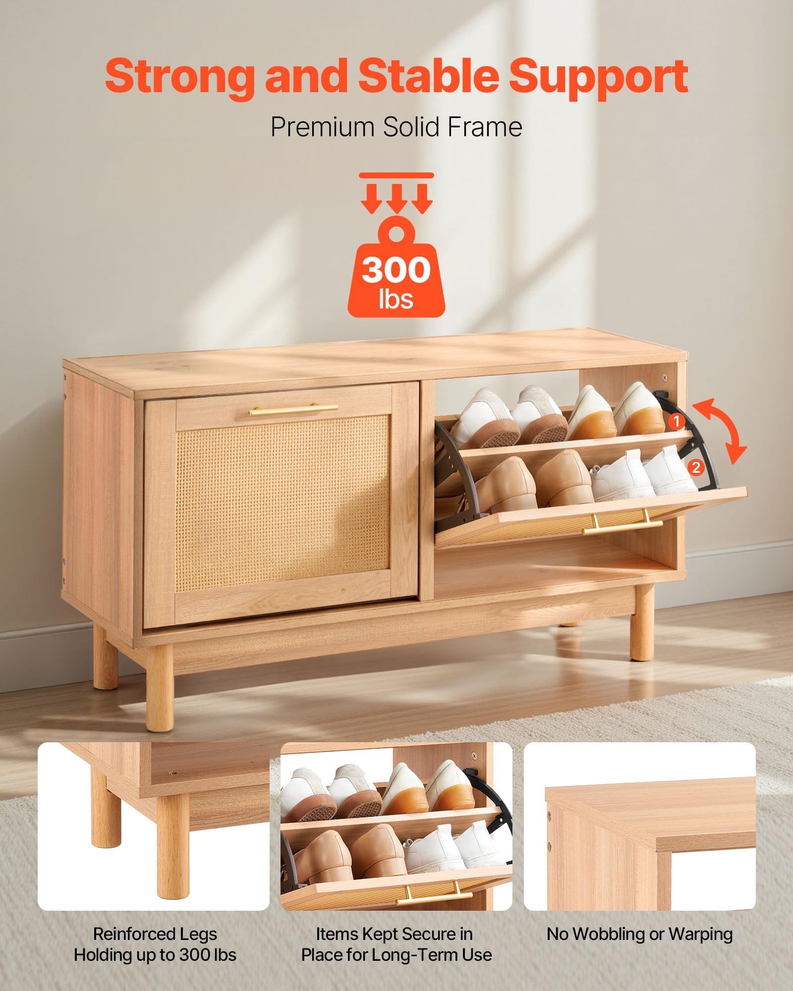 VEVOR Panca Portascarpe da Ingresso, Scarpiera con Panca Portascarpe 100x30x53 cm, Contenitore con 2 Cassetti, Scarpiera da 136 kg, 4 Scomparti e 2 Ante in Rattan, per Corridoio, Soggiorno