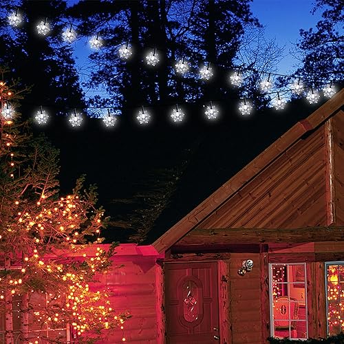 Miniatura 7 de Twinkle Star Guirnalda de luces solares con forma de copo de nieve, 100 luces LED de 33 pies para exteriores, 8 modos de iluminación y resistente al