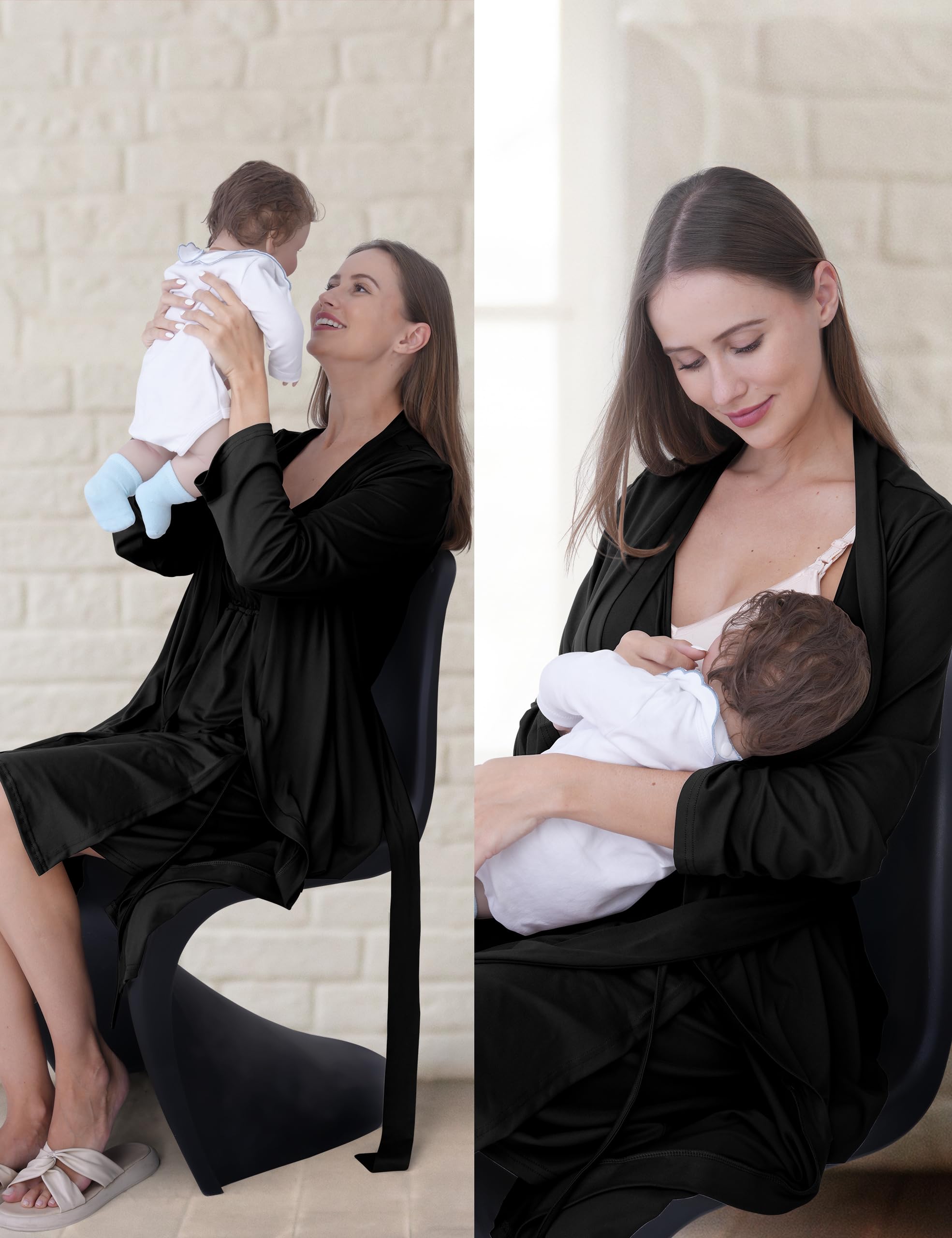 SUNNYBUY Camicia da notte premaman e allattamento con vestaglia, 2 pezzi, 3 in 1, per nascita, letto settimanale e allattamento, biancheria da notte ospedale, nero, S