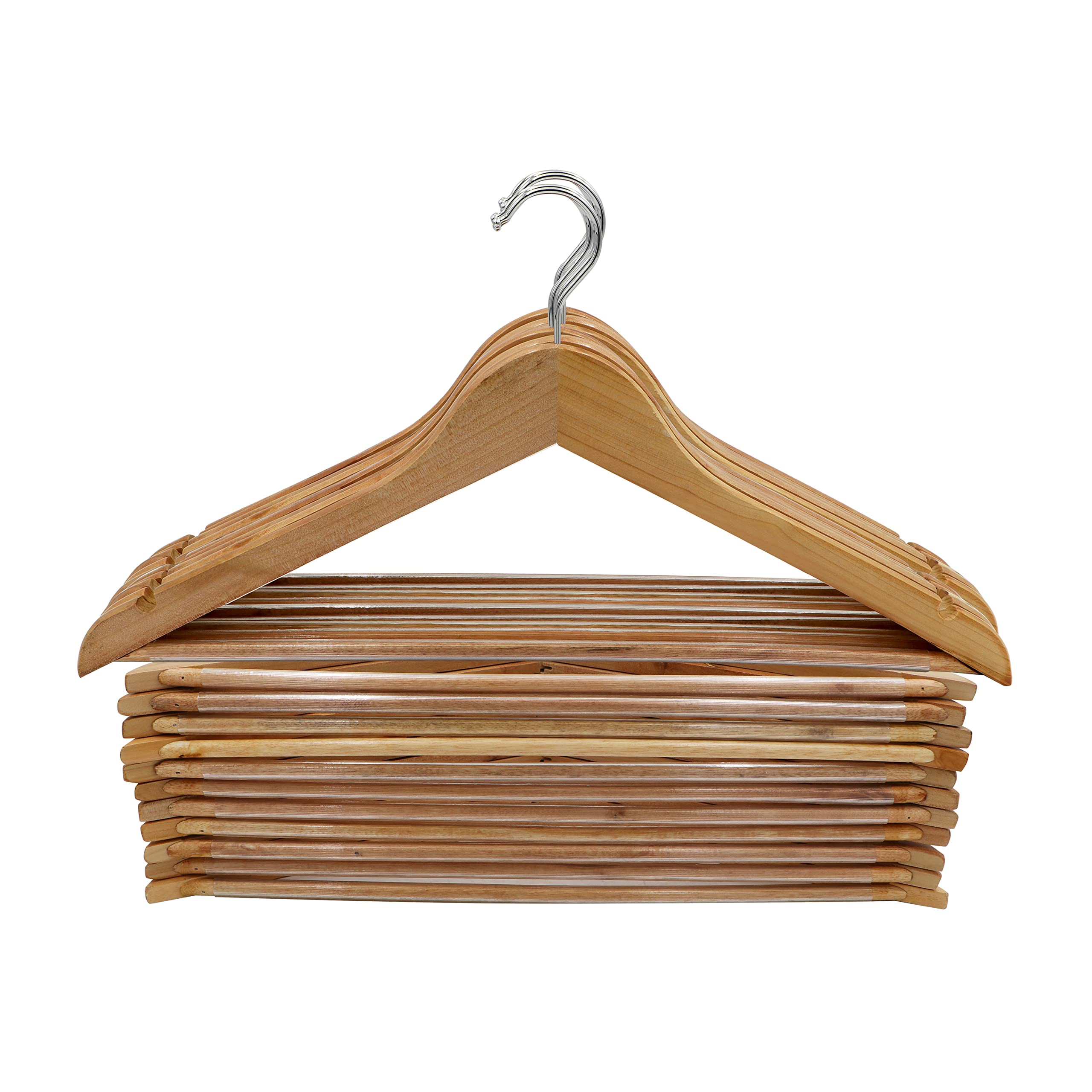 Smooth Finish Solid Wood Coat Hanger with Non Slip Pants Bar 360° Swivel Hook, Pack of 25