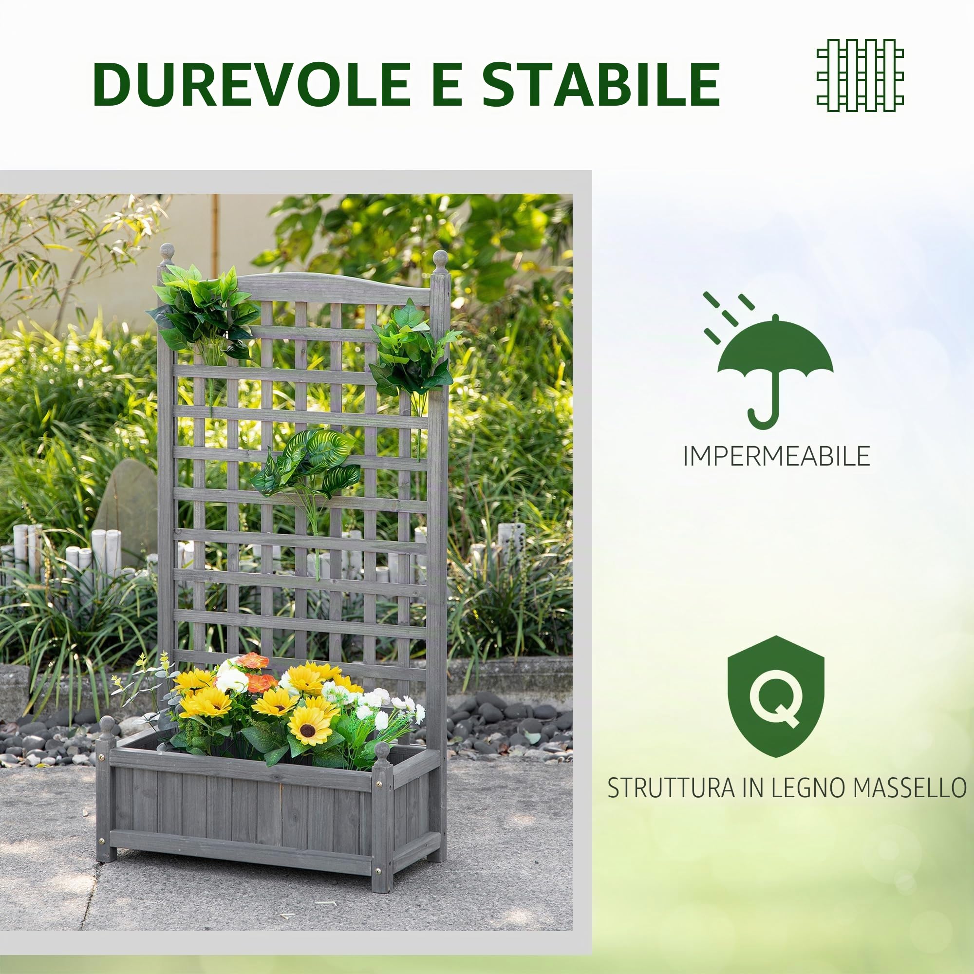 Outsunny fioriera per aiuole rialzate con traliccio fioriera per piante rampicanti arco di rose con supporto per piante rampicanti giardino legno grigio 64 x 28 x 120 cm