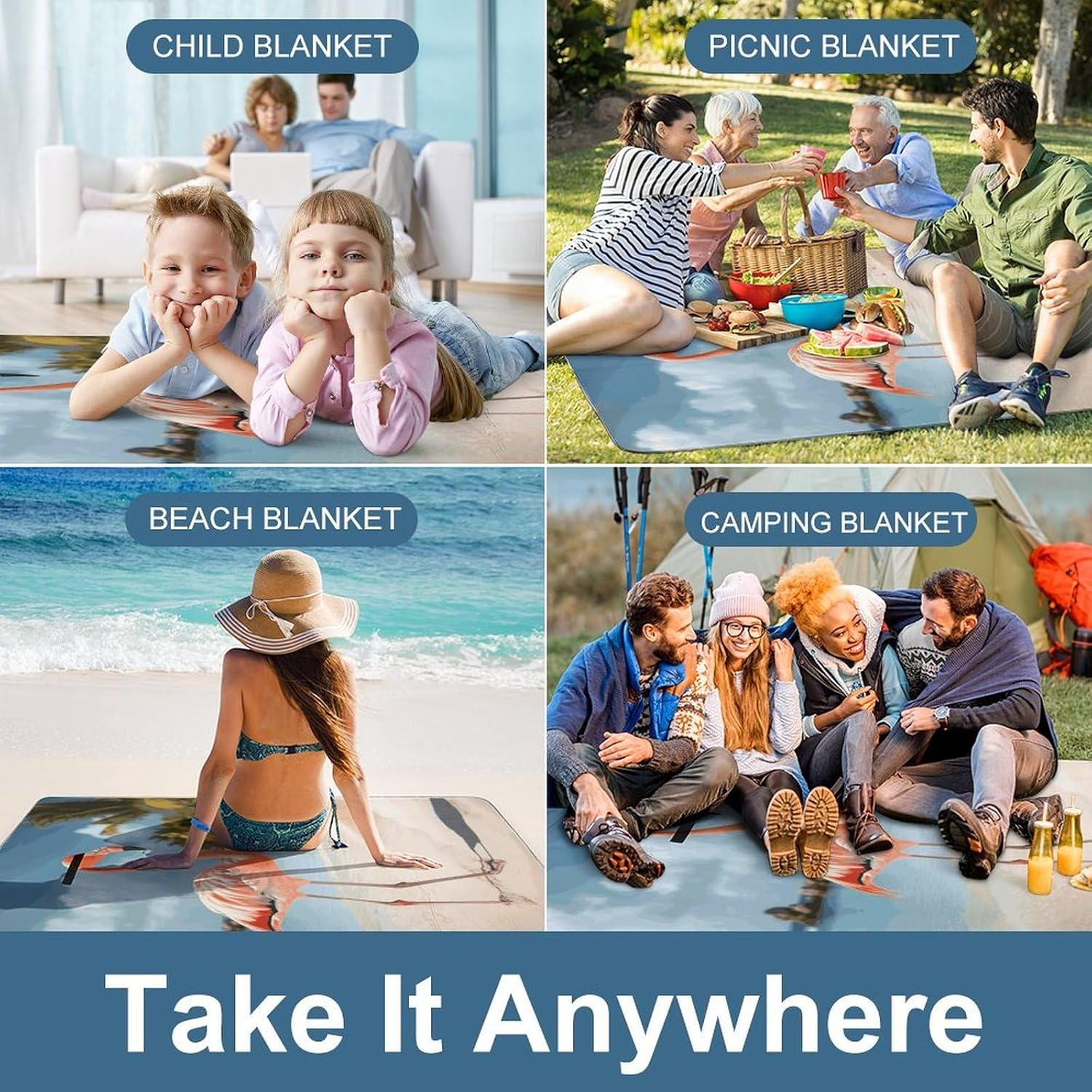Beach Flamingo Waterproof Picnic Blanket 58.3''x58.3'',Portable and Foldable Picnic Mat with Handle,Outdoor Blankets for Lawn Park Beach Travel