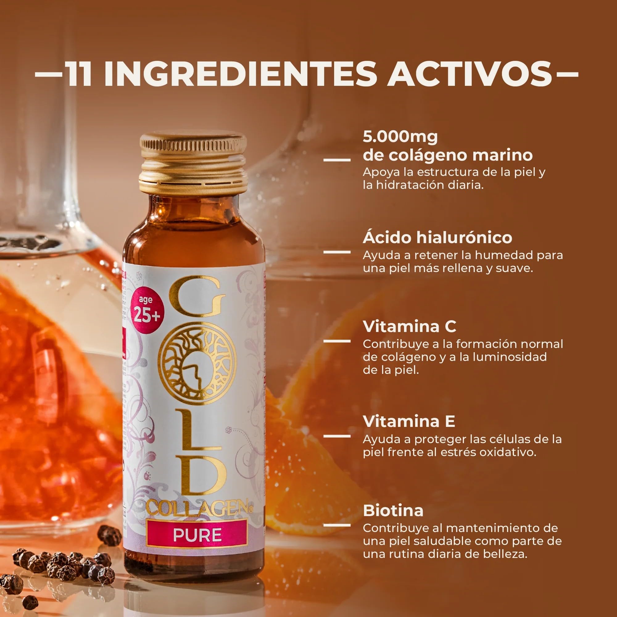 GOLD COLLAGEN Pure - Complemento Líquido de Colágeno Marino Hidrolizado para Cabello, Piel y Uñas Antiarrugas y Sistema Inmunológico con Vitamina C E B6 Ácido Hialurónico Biotina Zinc, 1 Caja 10x50 ml