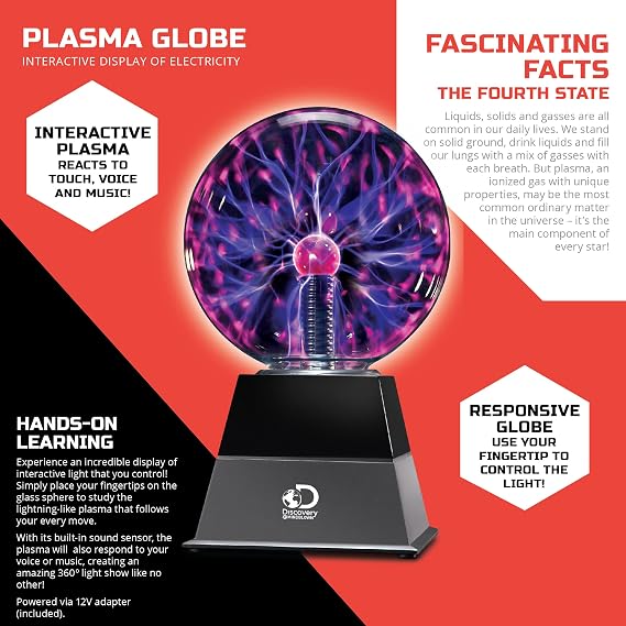 DiscoveryTM Plasma Globe Lamp, Touch & Sound Sensitive Lightning, Interactive Electric Plasma Ball for Hands-On STEM Learning, Plug-in Bedroom & Desktop Decorative lamp