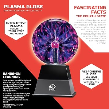 DiscoveryTM Plasma Globe Lamp, Touch & Sound Sensitive Lightning, Interactive Electric Plasma Ball for Hands-On STEM Learning, Plug-in Bedroom & Desktop Decorative lamp