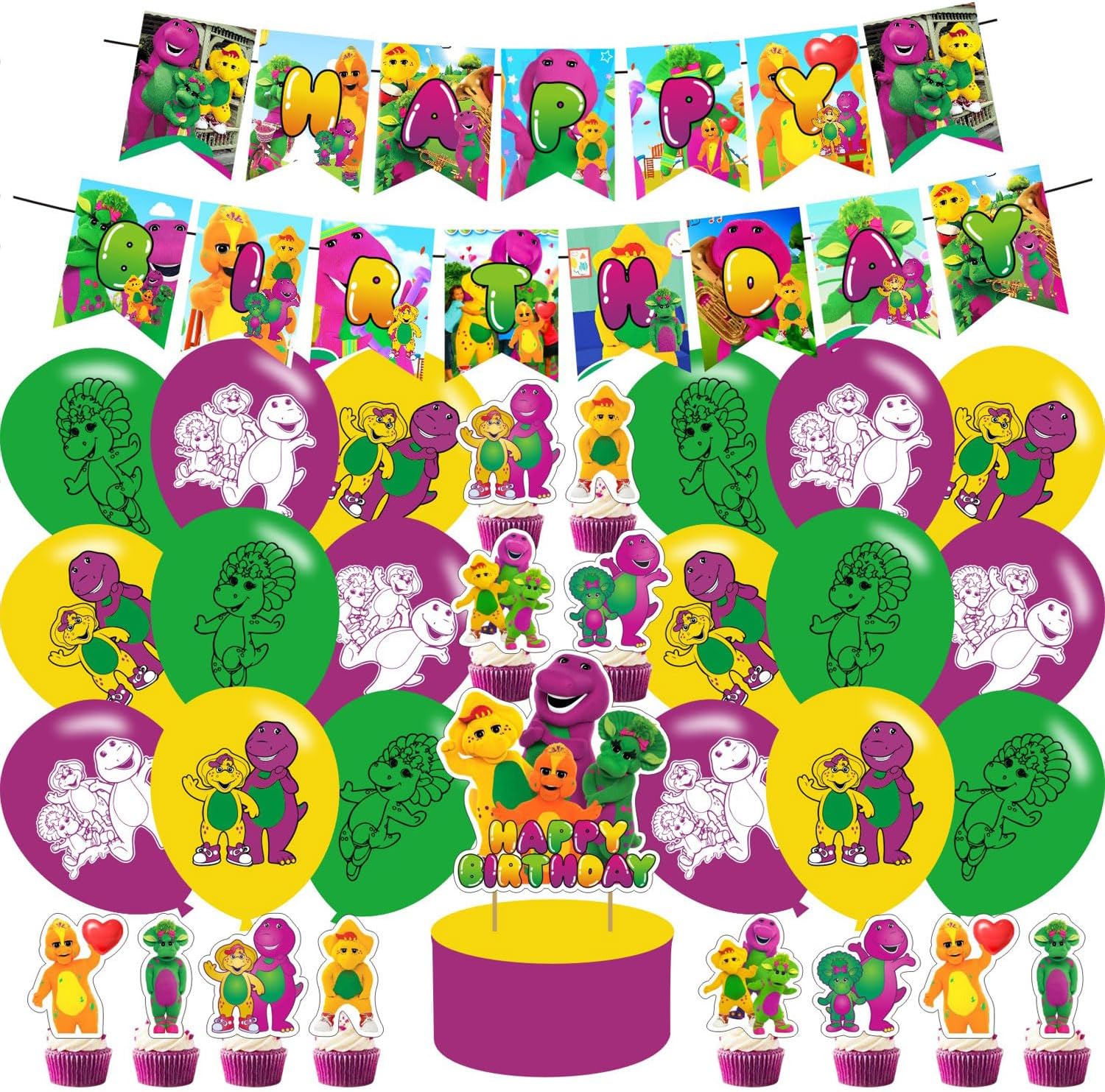 Barney and Friends Birthday Party Supplies , Barney and Friends Party Decorations - Big Cake Topper -12 Cupcake Toppers - 18 Balloons -Banner