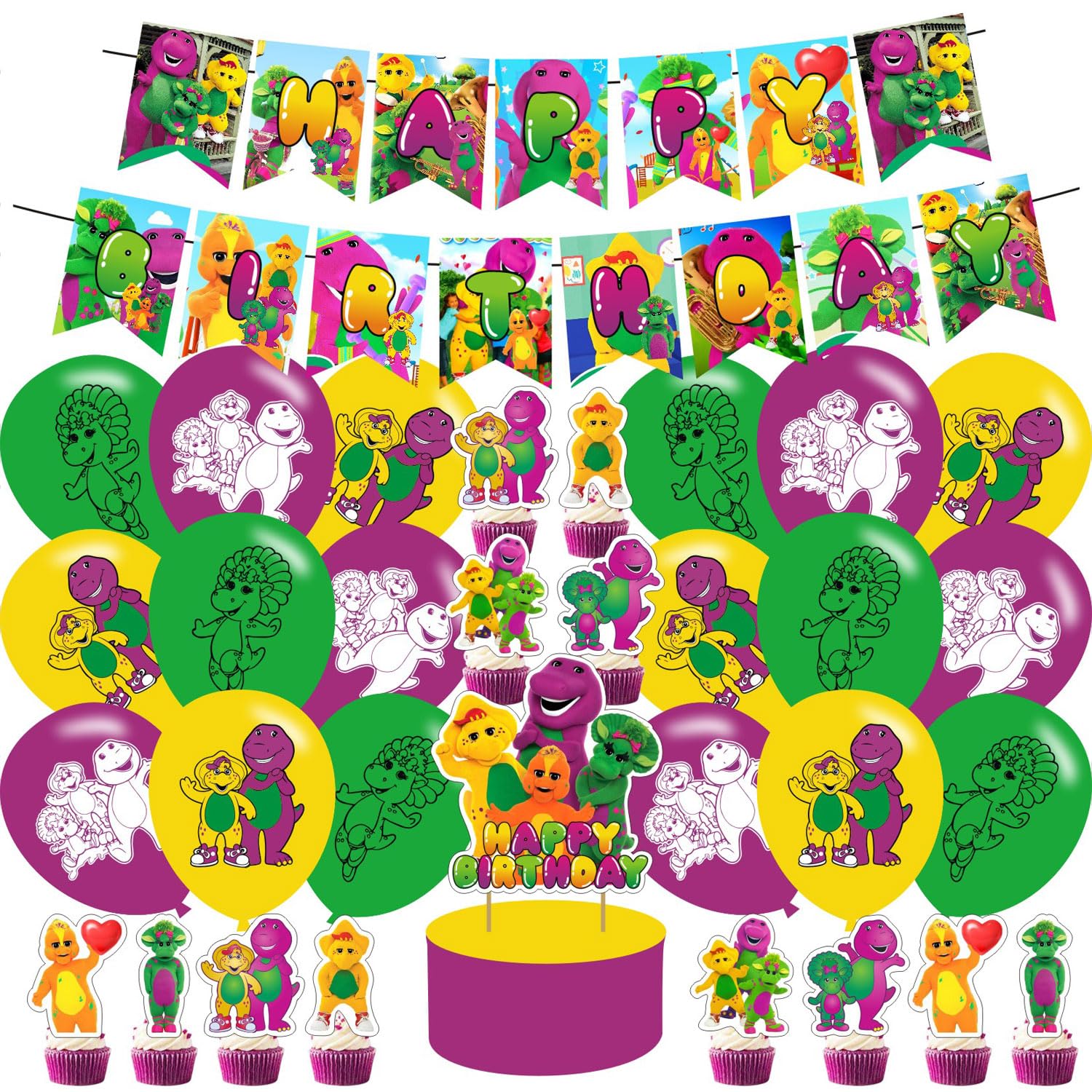 Barney and Friends Birthday Party Supplies , Barney and Friends Party Decorations - Big Cake Topper -12 Cupcake Toppers - 18 Balloons -Banner