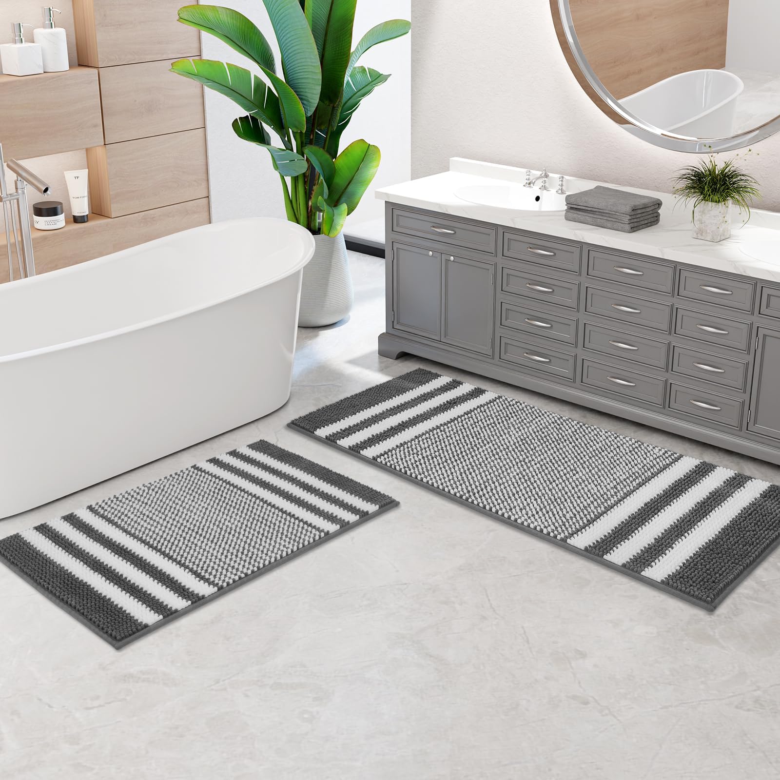 Bathroom Rugs Set 2 Piece, Extra Soft and Absorbent Fluffy Striped Chenille Bath Mat Rug Set, Non Slip Bathroom Floor Mat, Machine Washable (21" x 47" Plus 20" x 32", Dark Gray)