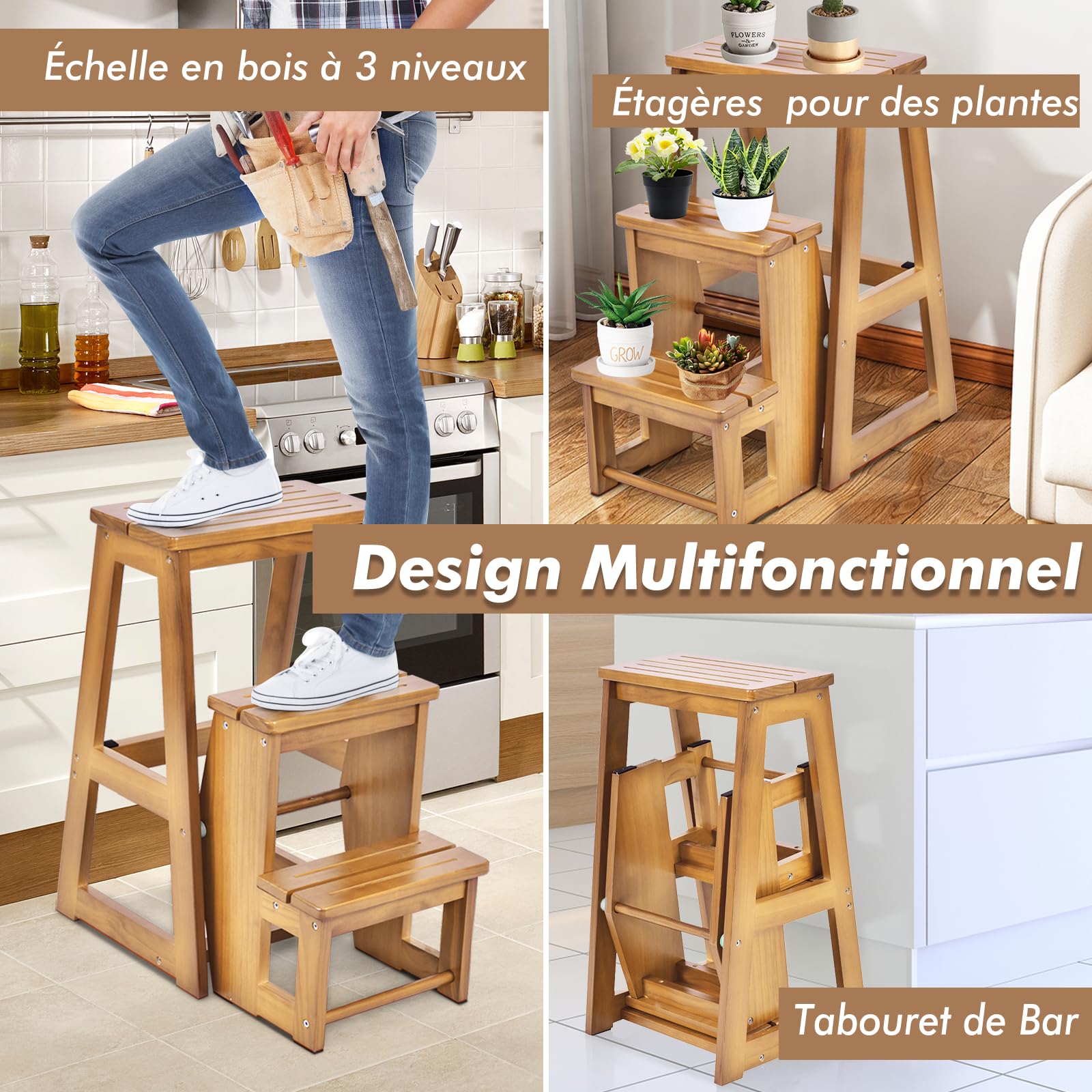 GIANTEX Escabeau Tabouret en Bois,Escabeau à 3 Marches Pliable,Marche Pied Echelle Portable, Peu Encombrant,pour Cuisine Chambre (Naturel)