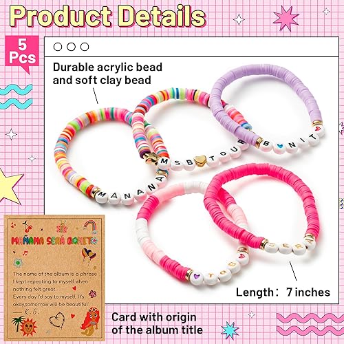 Miniatura 2 de Juego de 5 pulseras Karol con tarjeta, Manana Sera Bonito Bichota, álbum inspirado en la temporada, pulsera de cuentas de arcilla en capas, pulseras